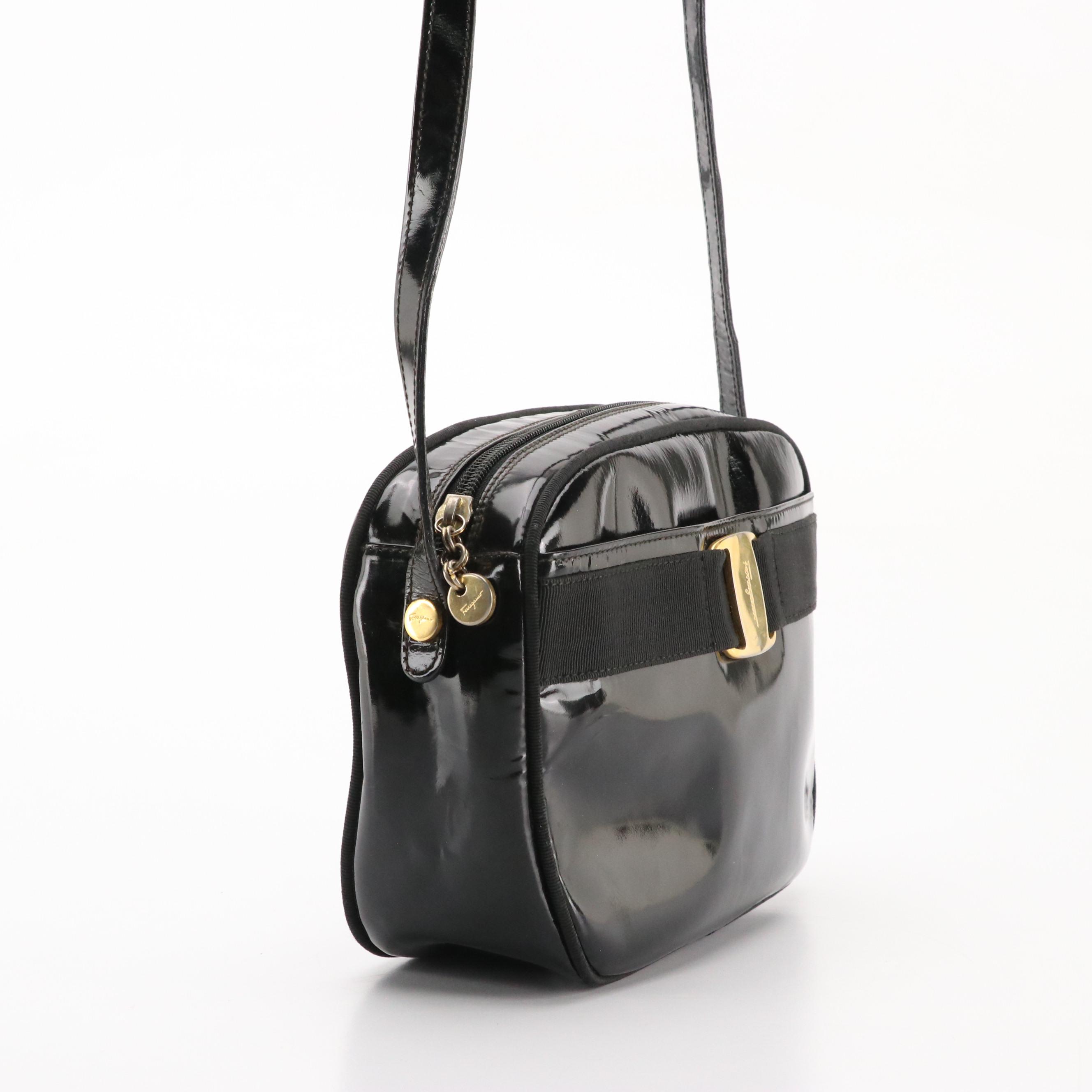 Salvatore Ferragamo Vara Bow Camera Crossbody Bag in Black Patent Leather