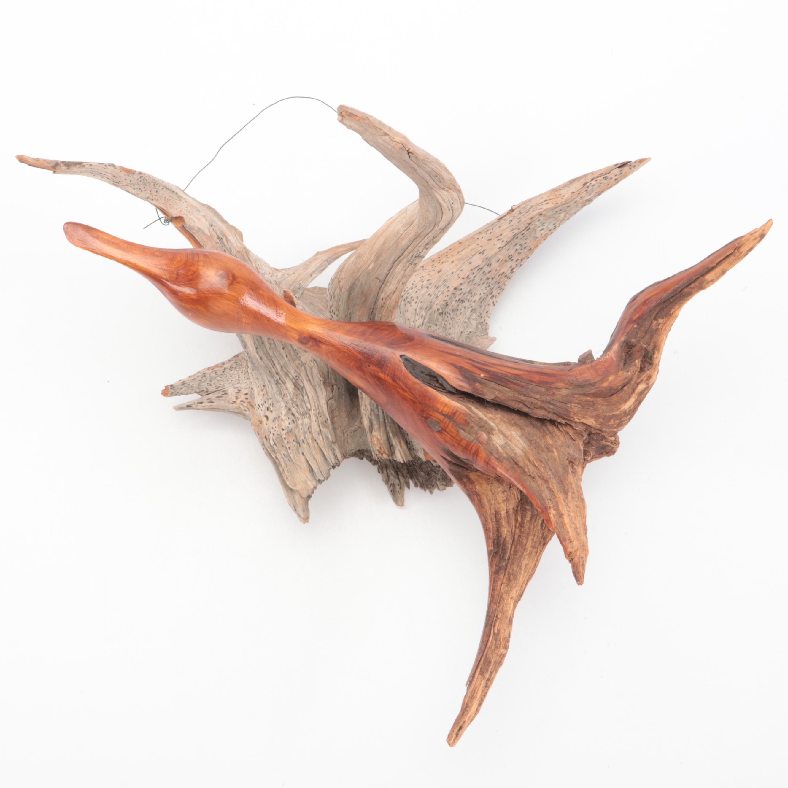 Driftwood Composition with Metamorphic Carved Duck in Flight