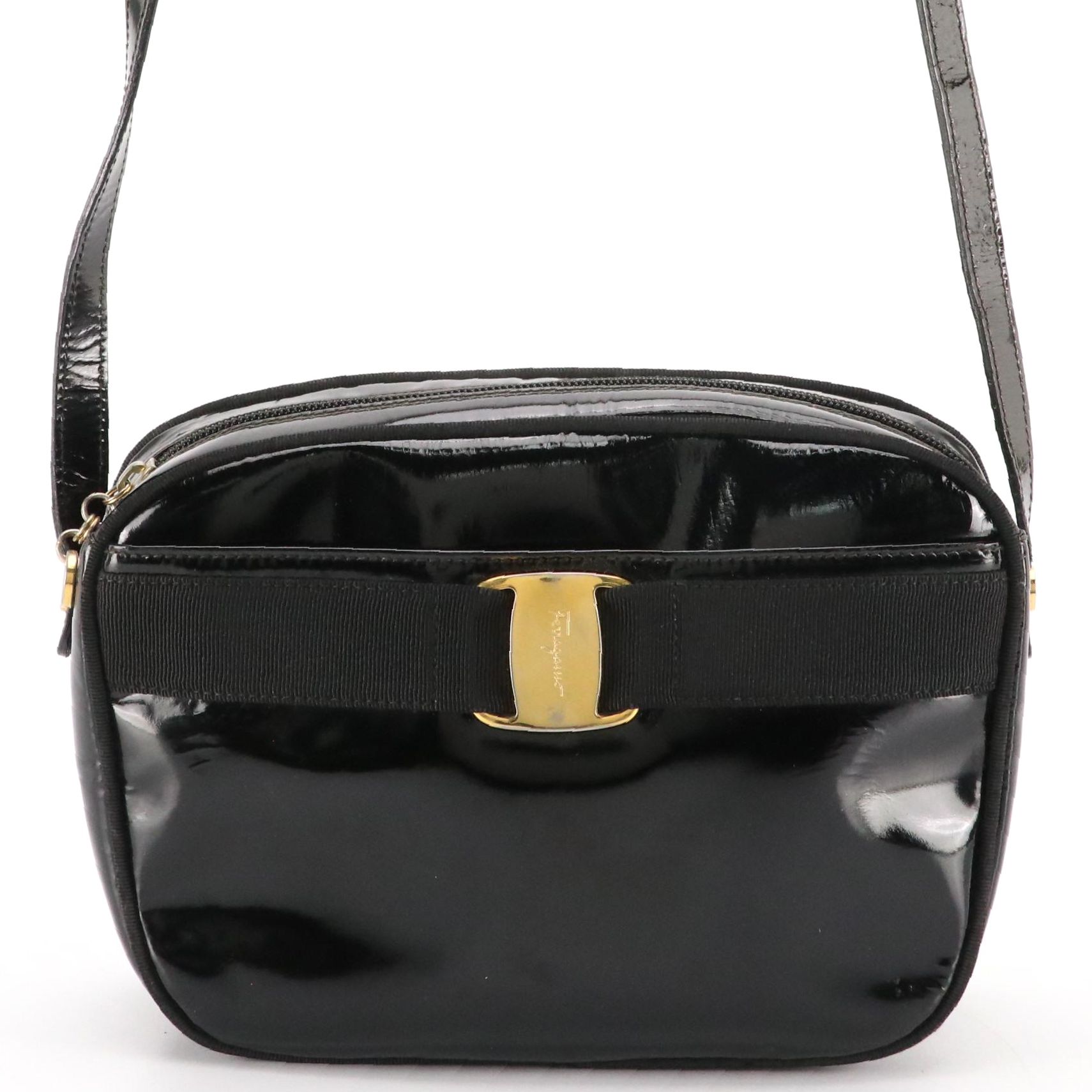 Salvatore Ferragamo Vara Bow Camera Crossbody Bag in Black Patent Leather