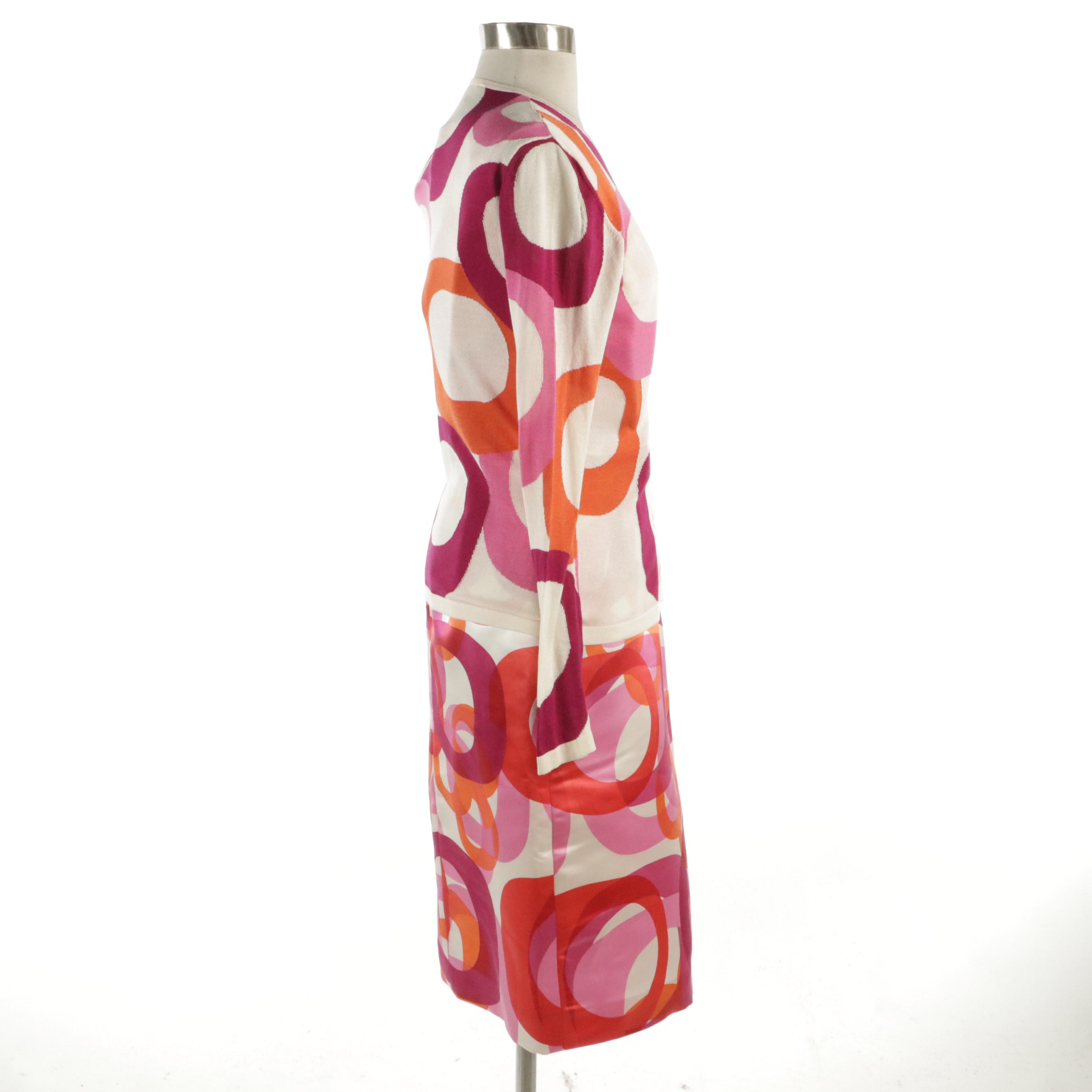 Christian Dior Pink & Orange Circle Print Silk Cardigan and Belted Dress Set