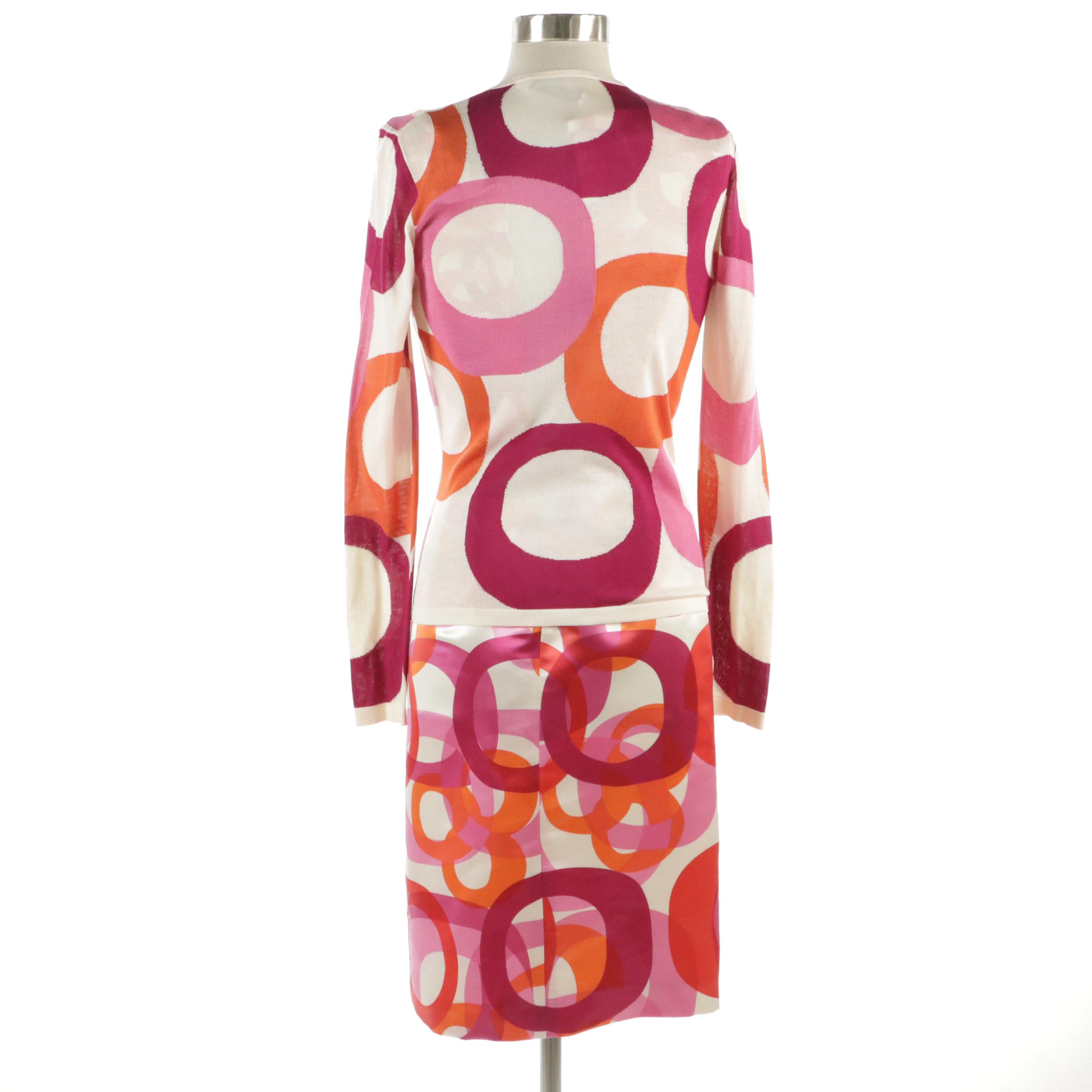 Christian Dior Pink & Orange Circle Print Silk Cardigan and Belted Dress Set