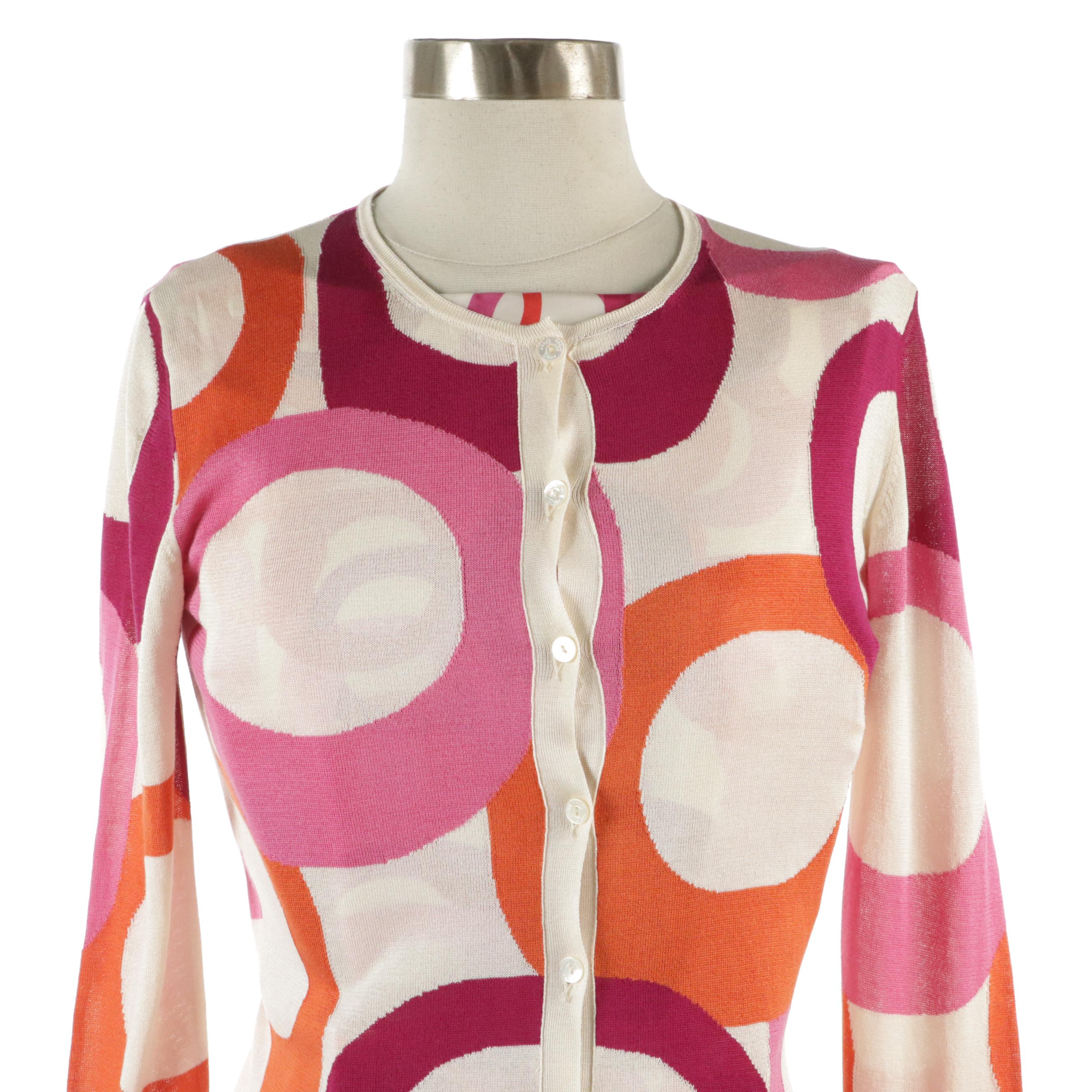 Christian Dior Pink & Orange Circle Print Silk Cardigan and Belted Dress Set