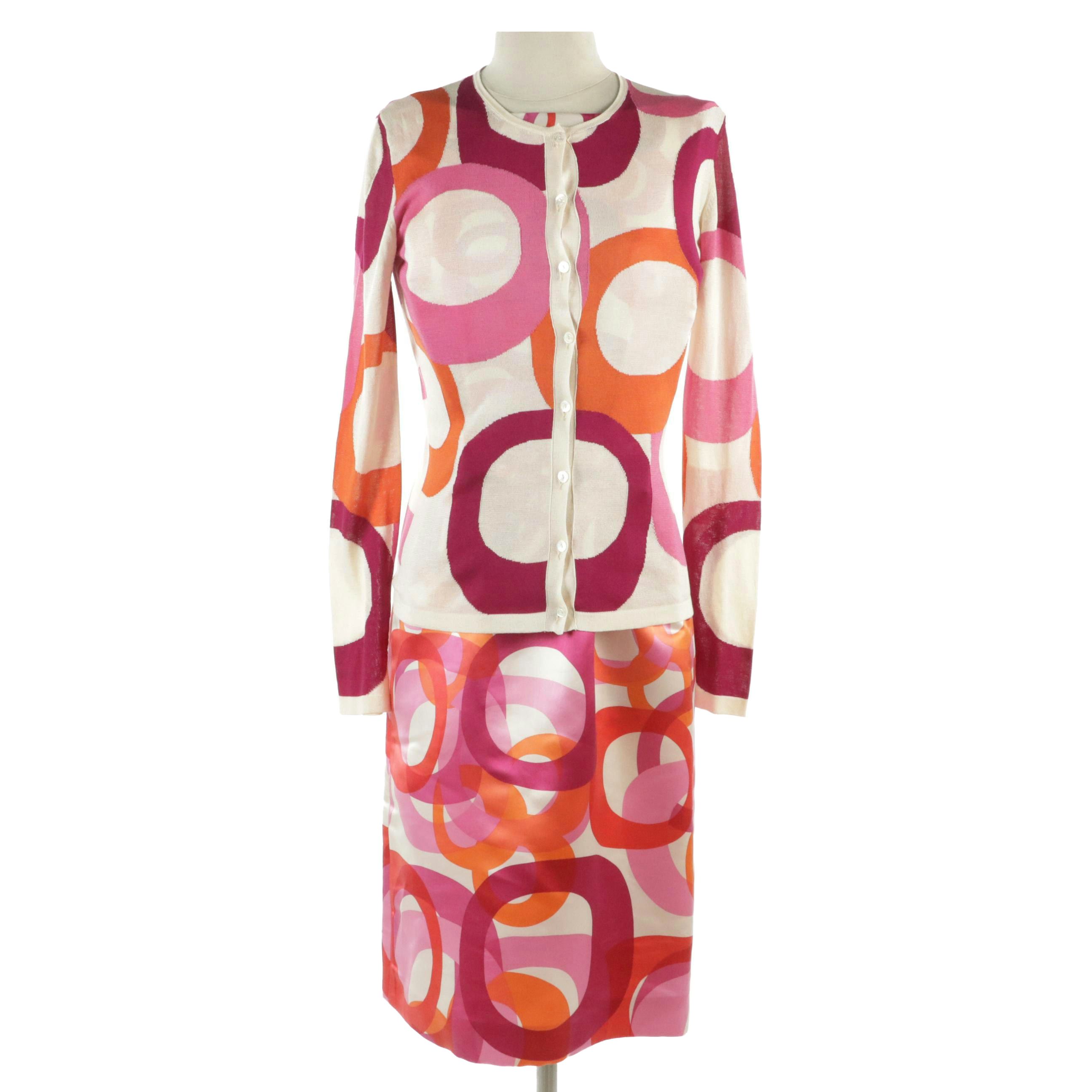 Christian Dior Pink & Orange Circle Print Silk Cardigan and Belted Dress Set