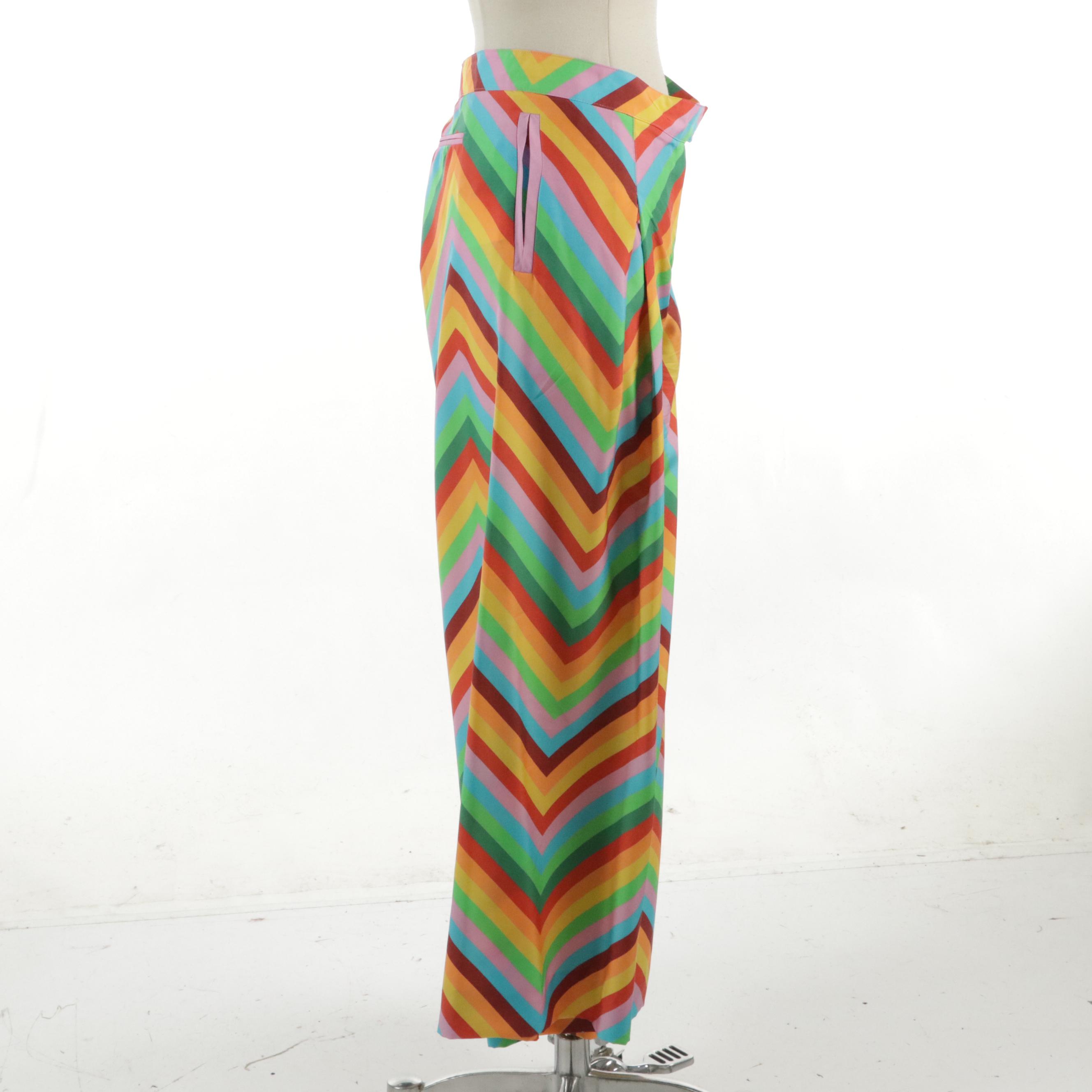 Valentino Colorful Striped Silk Wide Leg Trousers Pants
