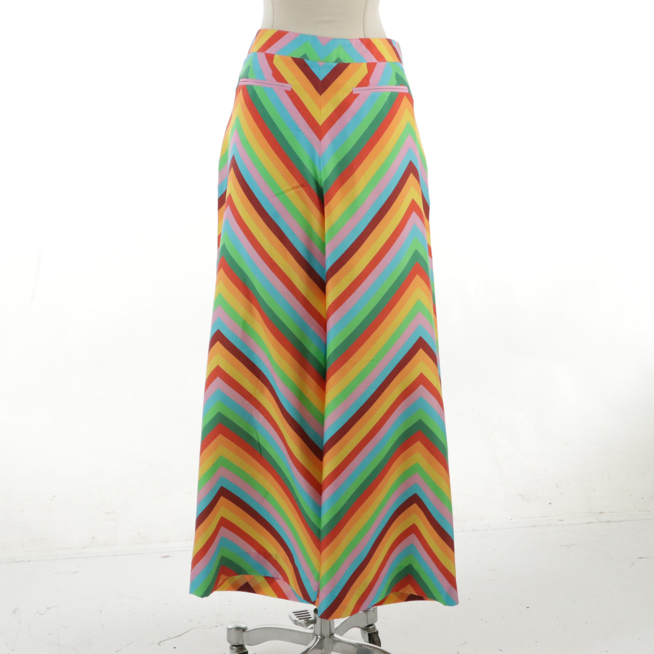 Valentino Colorful Striped Silk Wide Leg Trousers Pants