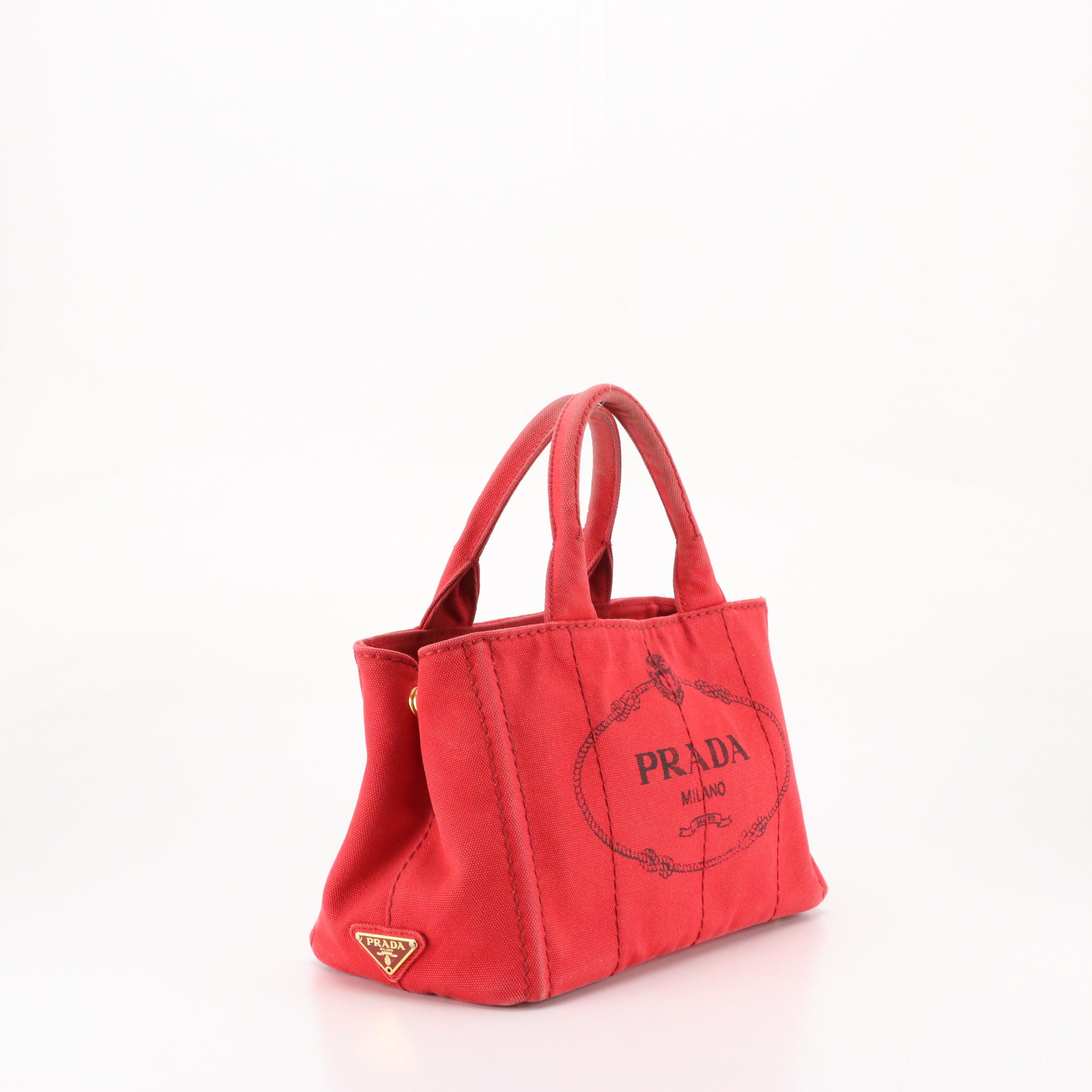 Prada Red Canapa Logo Canvas Two-Way Tote
