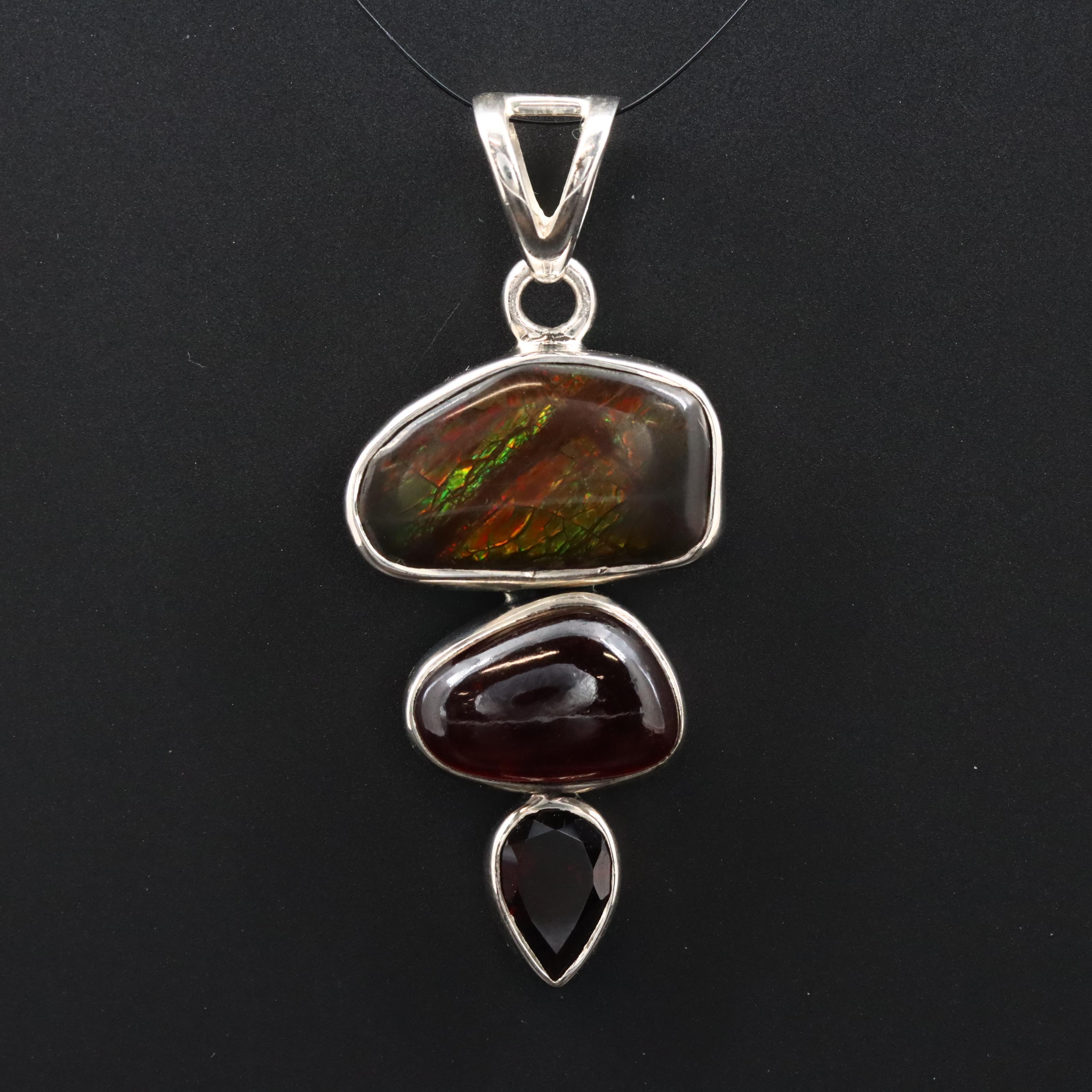 Sterling Ammolite Doublet and Garnet Pendant