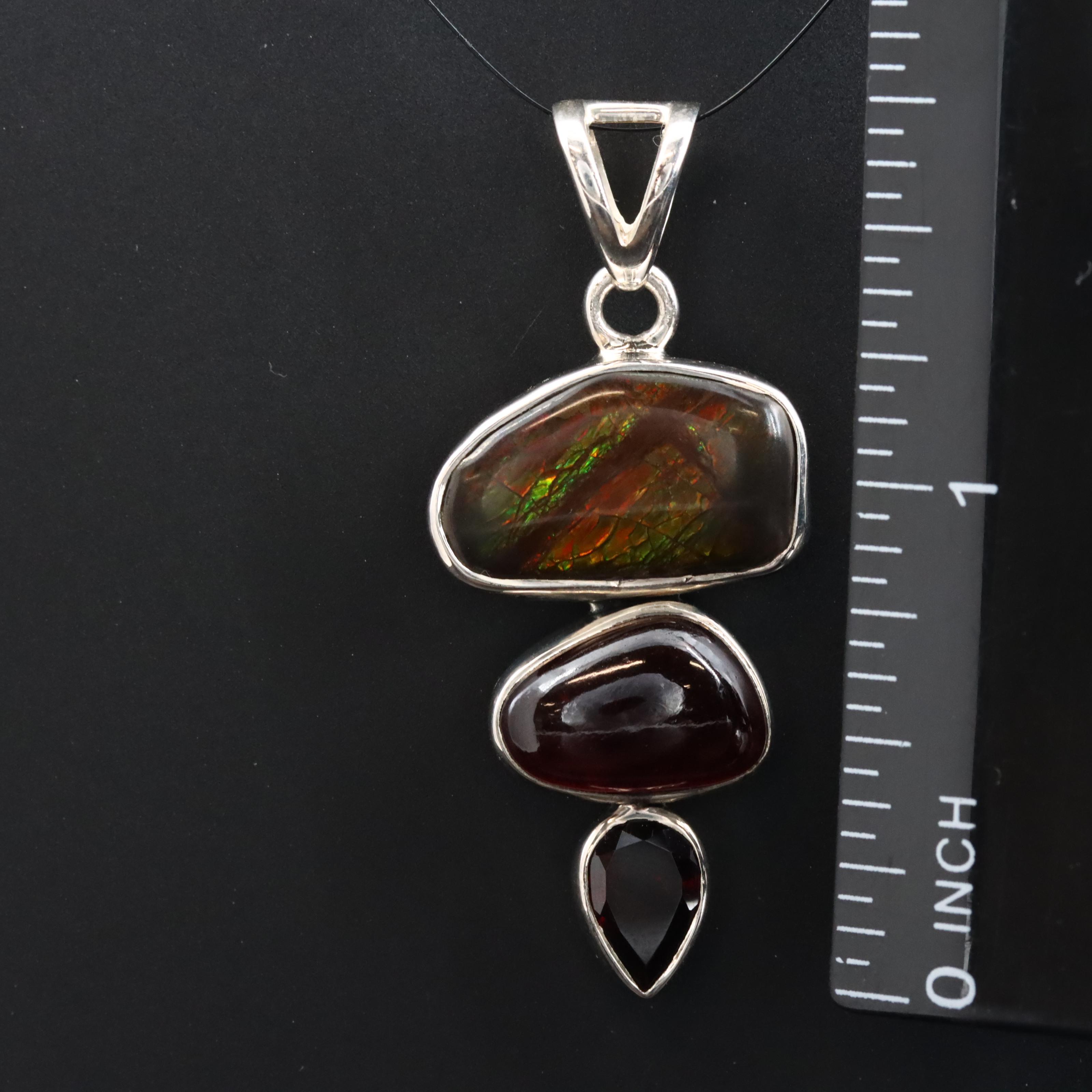 Sterling Ammolite Doublet and Garnet Pendant