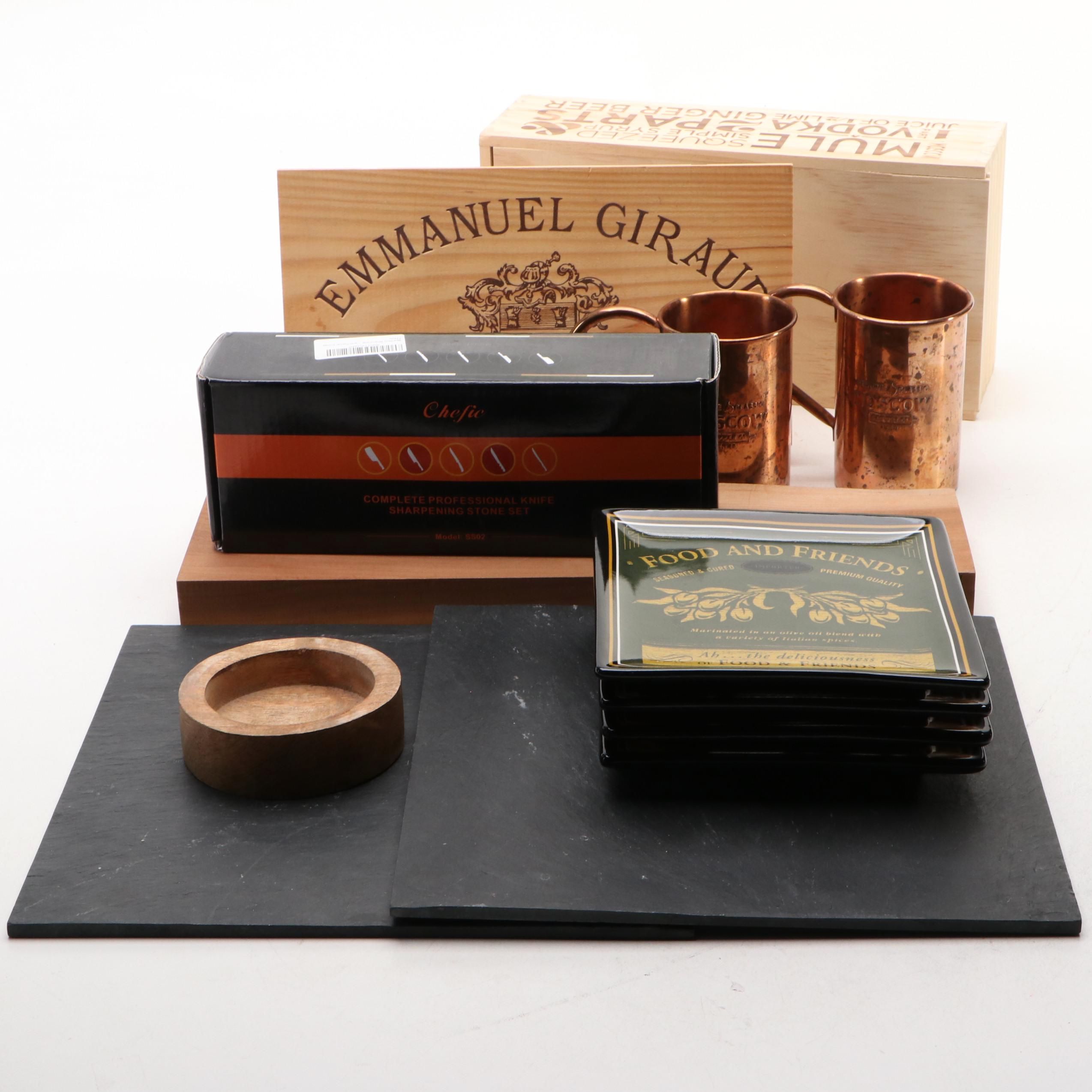 Indulge Ceramic Hors d'Oeuvres Plates with Copper Mule Mugs and Accessories