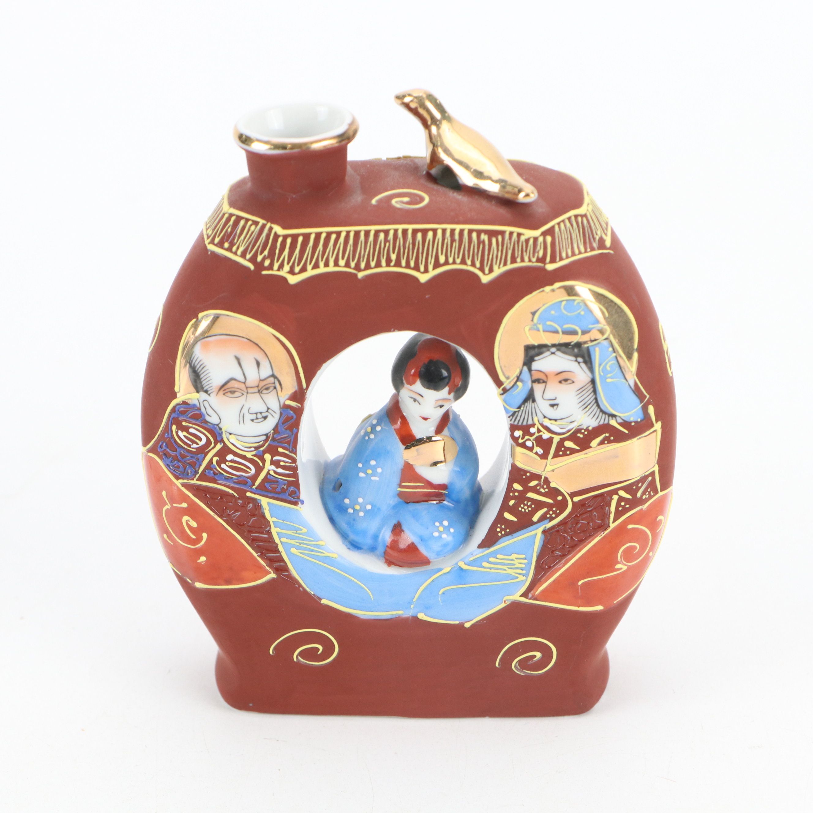 Japanese Kutani Hand-Painted Porcelain Vase, Tray and Sake Cups