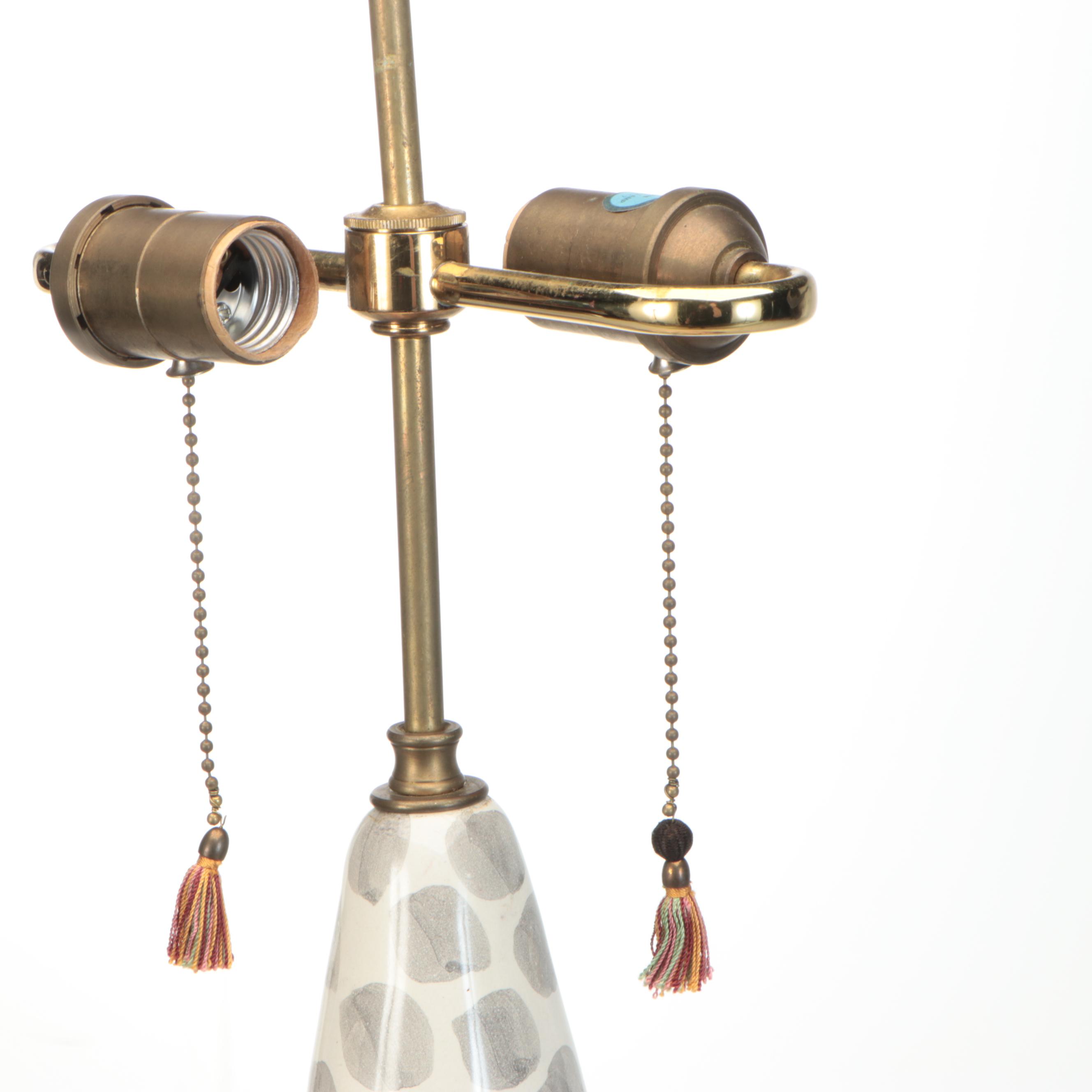 MacKenzie-Childs Ceramic Train Table Lamp with Silk Shade, 1983