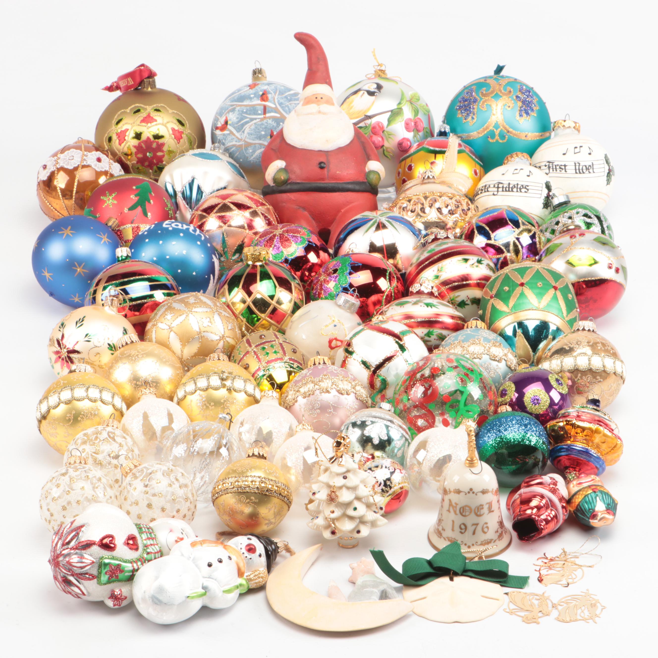 Gorham and Other Christmas Tree Ornaments with Ceramic Santa Claus Figurine