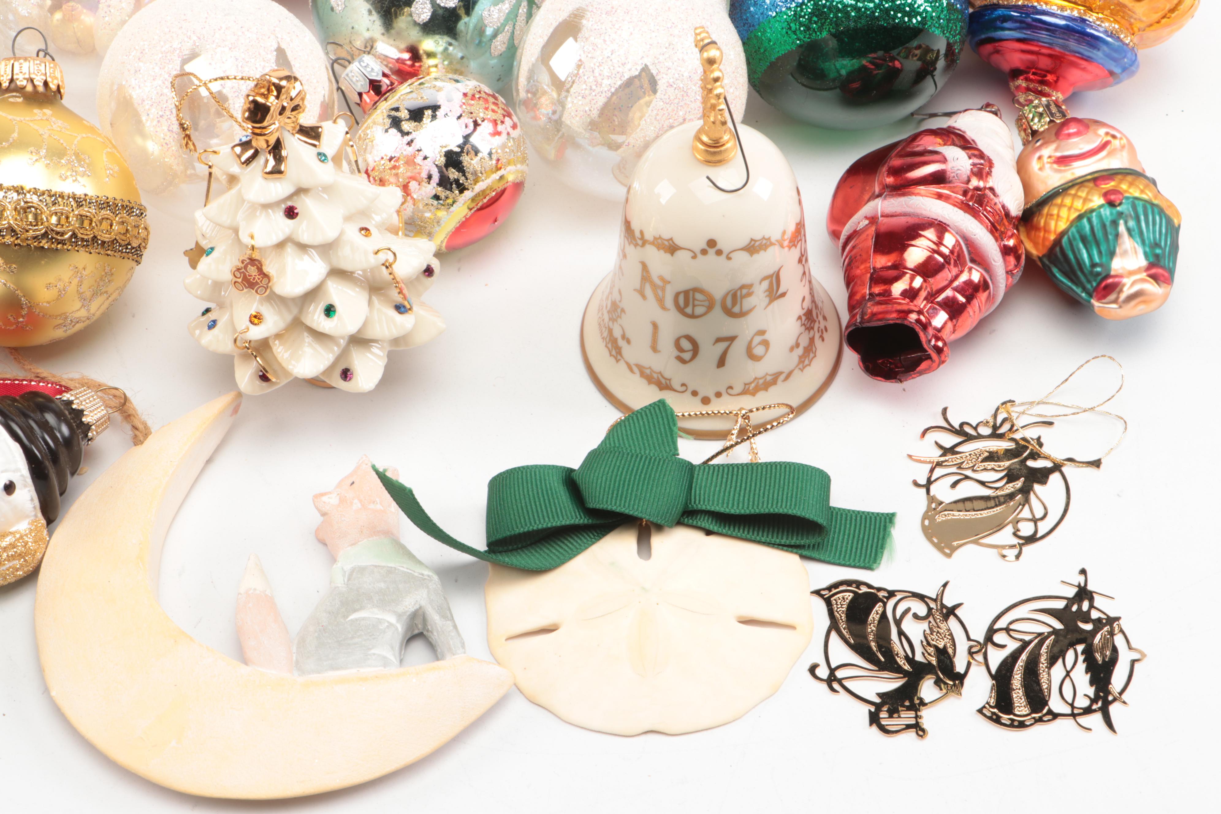 Gorham and Other Christmas Tree Ornaments with Ceramic Santa Claus Figurine