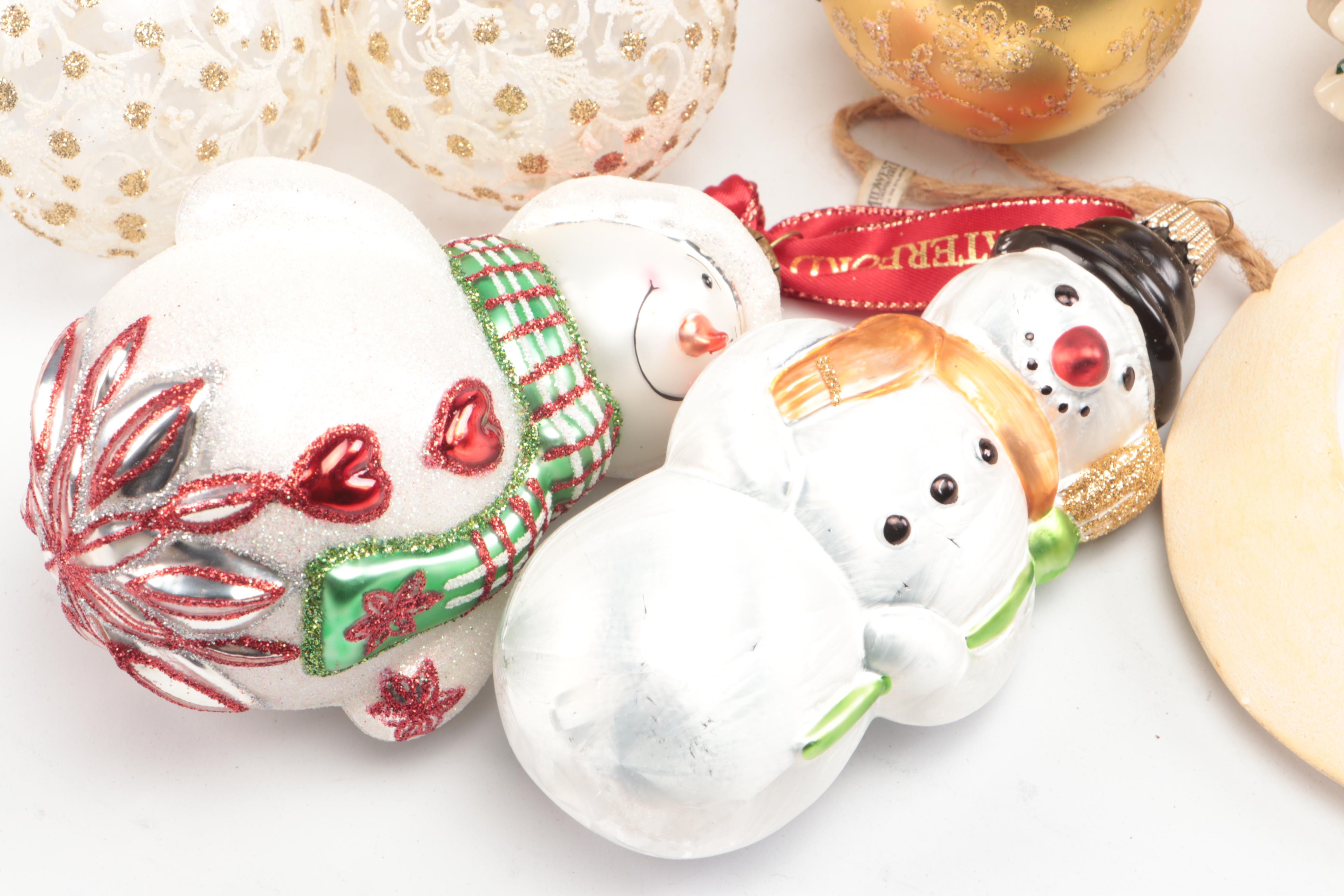 Gorham and Other Christmas Tree Ornaments with Ceramic Santa Claus Figurine