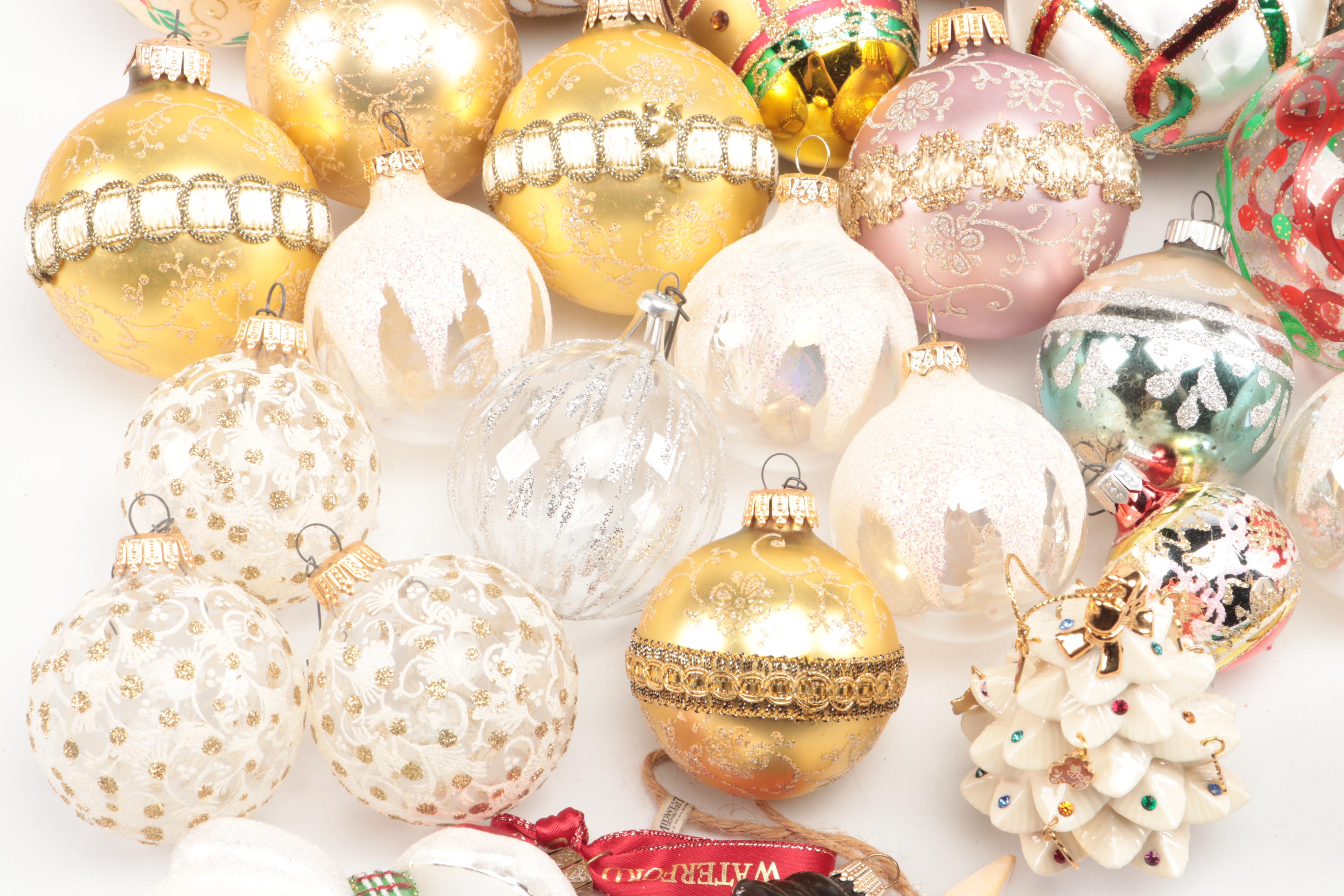 Gorham and Other Christmas Tree Ornaments with Ceramic Santa Claus Figurine