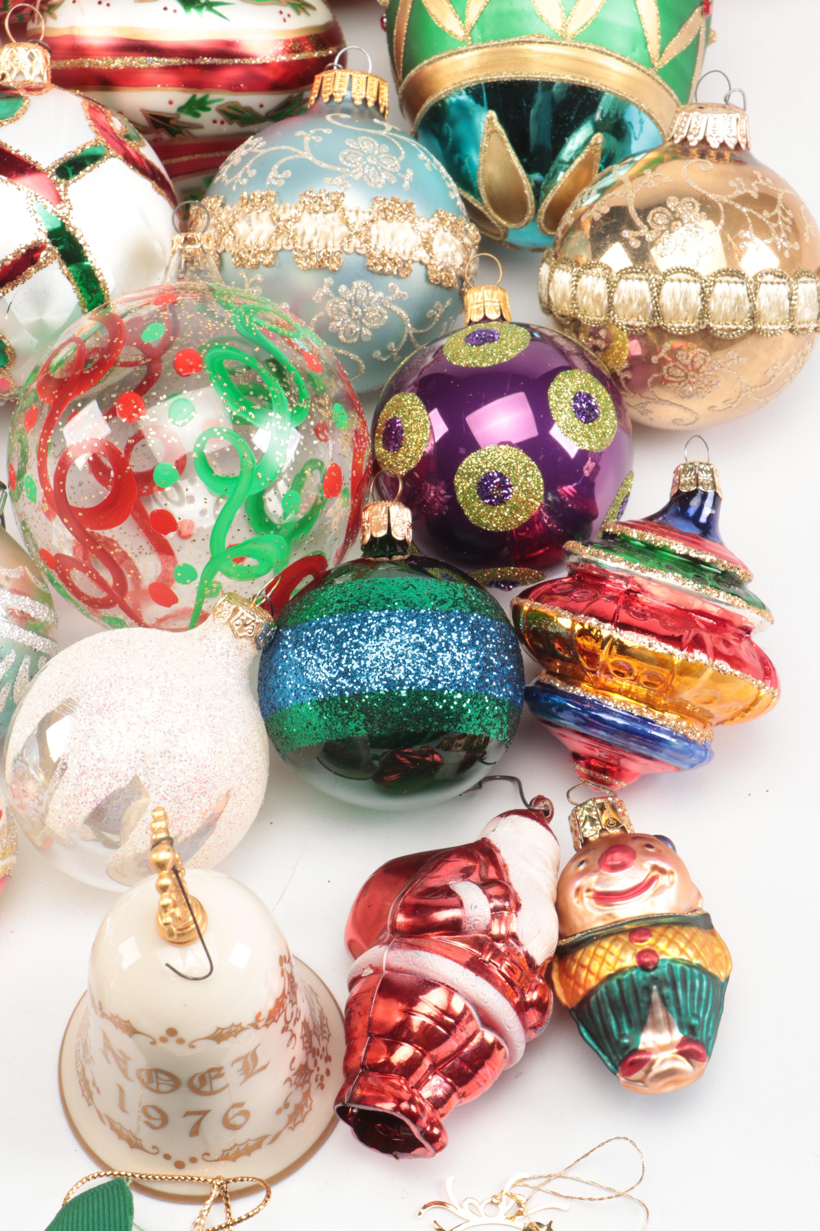 Gorham and Other Christmas Tree Ornaments with Ceramic Santa Claus Figurine