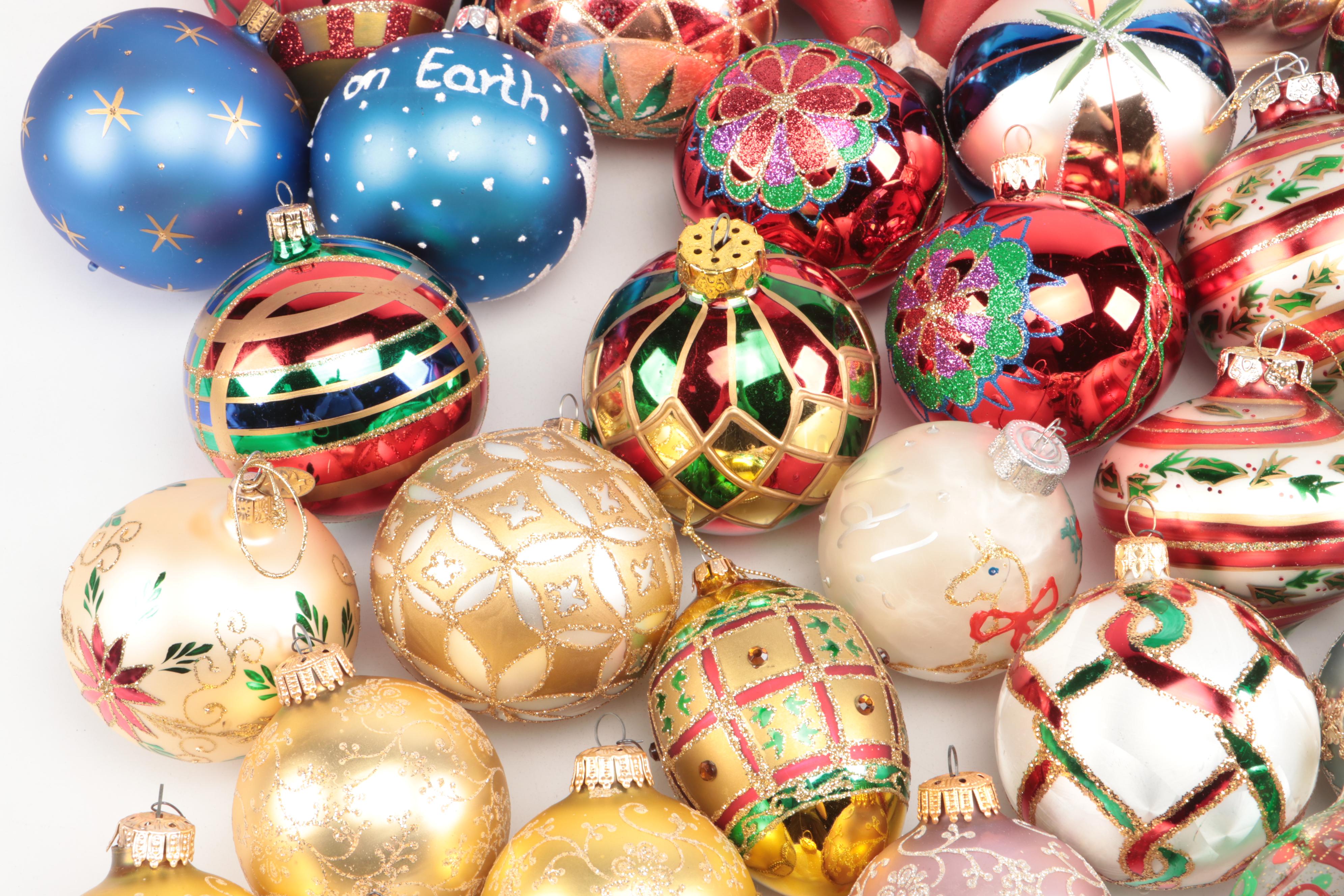 Gorham and Other Christmas Tree Ornaments with Ceramic Santa Claus Figurine