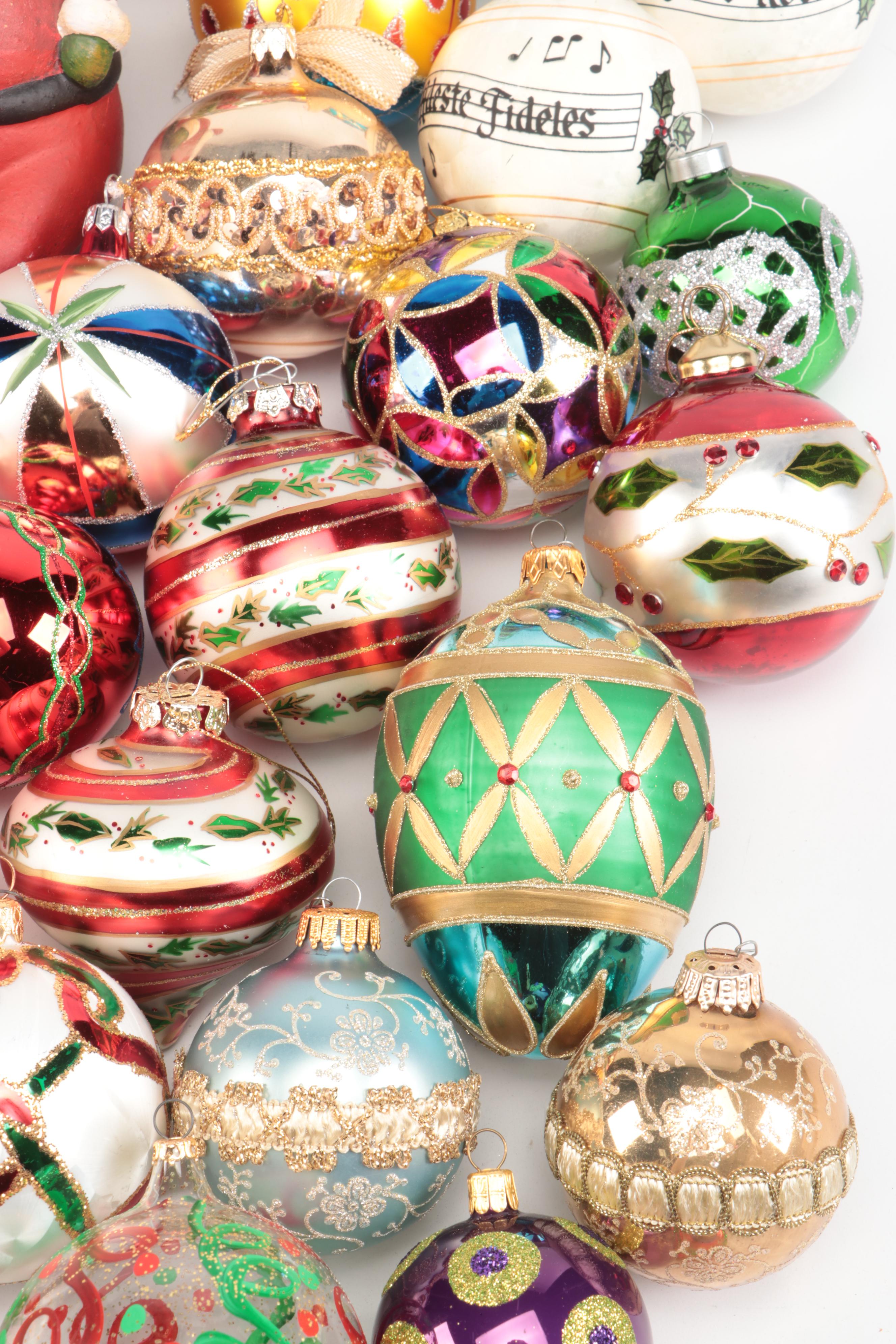 Gorham and Other Christmas Tree Ornaments with Ceramic Santa Claus Figurine