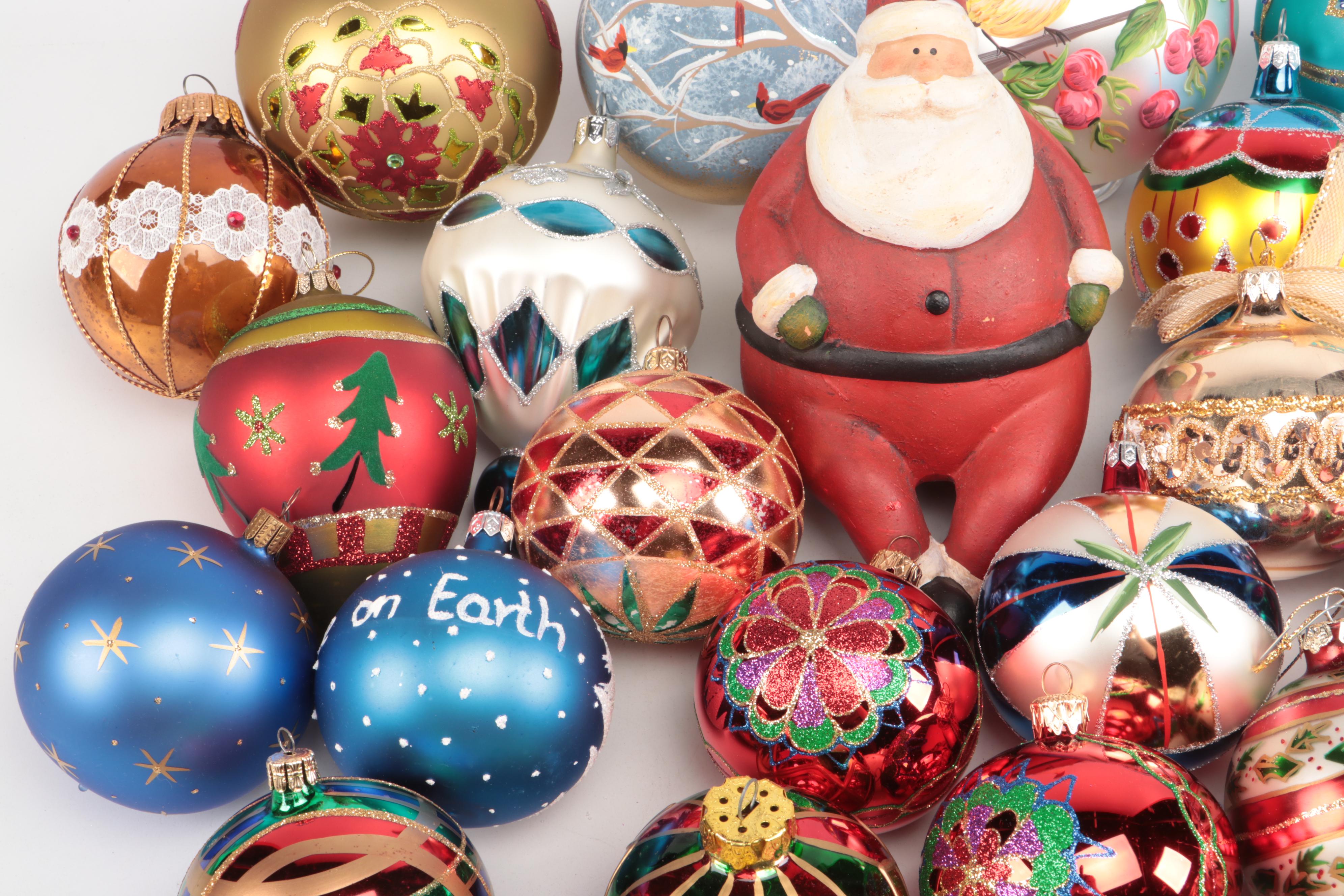 Gorham and Other Christmas Tree Ornaments with Ceramic Santa Claus Figurine