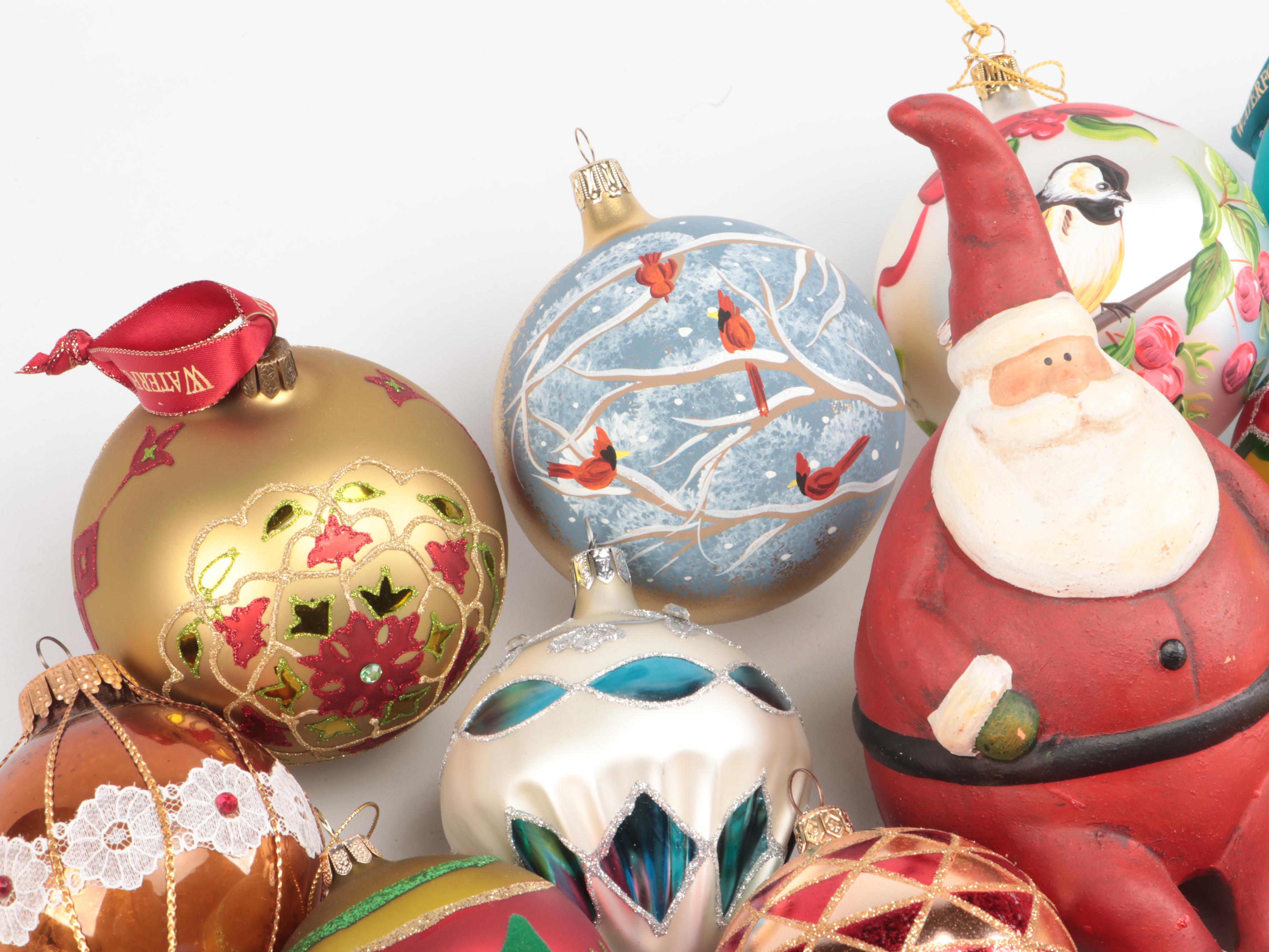 Gorham and Other Christmas Tree Ornaments with Ceramic Santa Claus Figurine