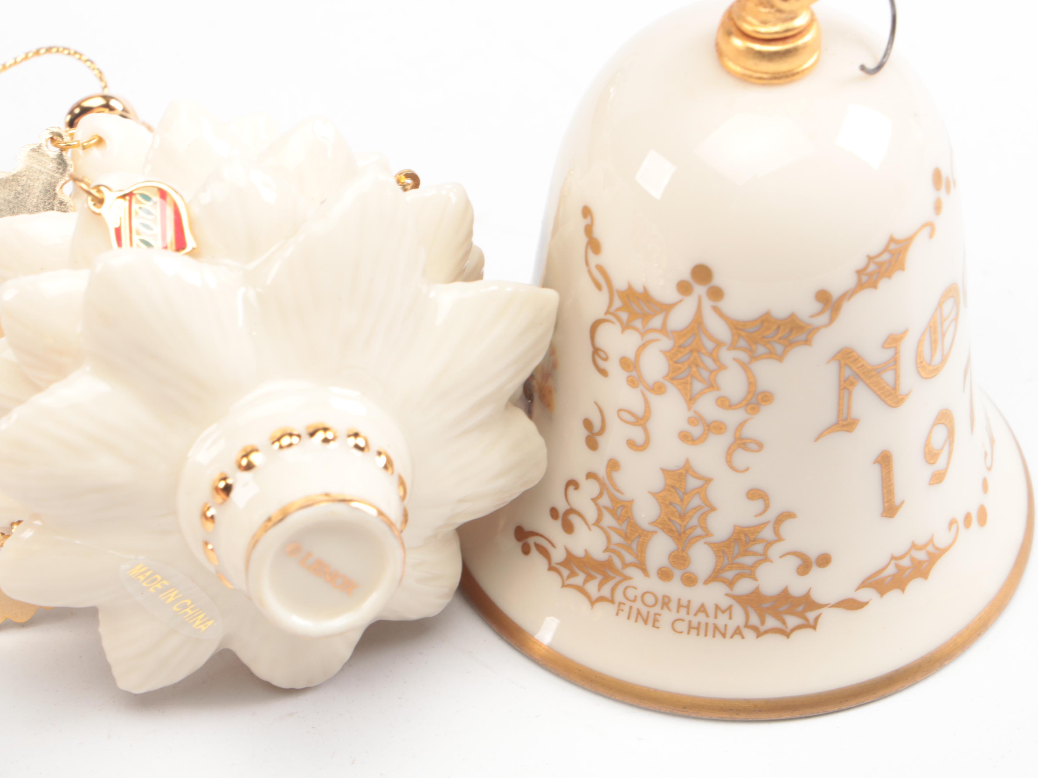 Gorham and Other Christmas Tree Ornaments with Ceramic Santa Claus Figurine