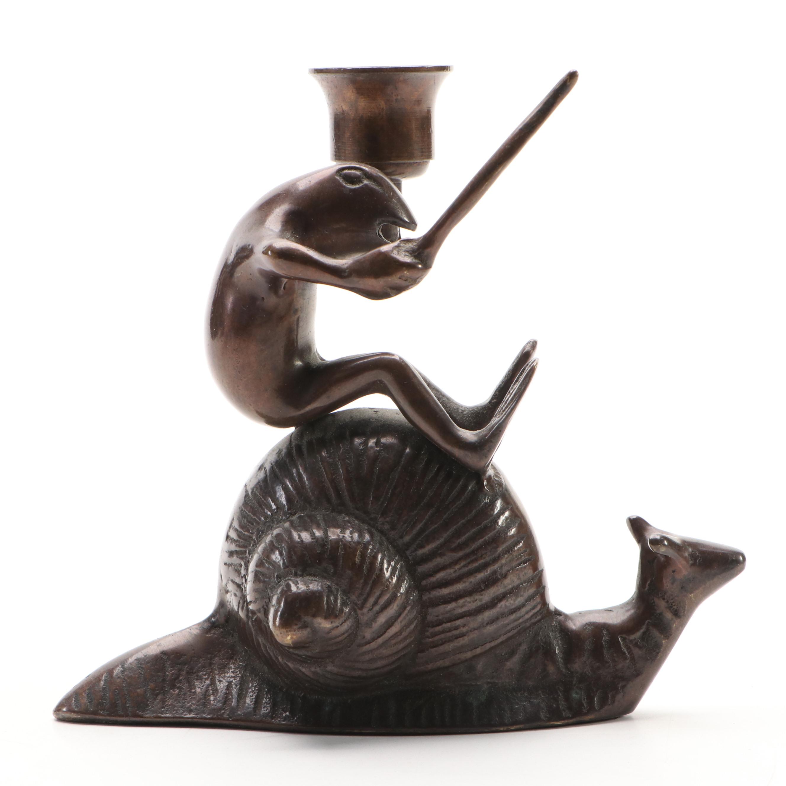Brushed Bronze Metal Frog Riding Snail Figural Candlestick