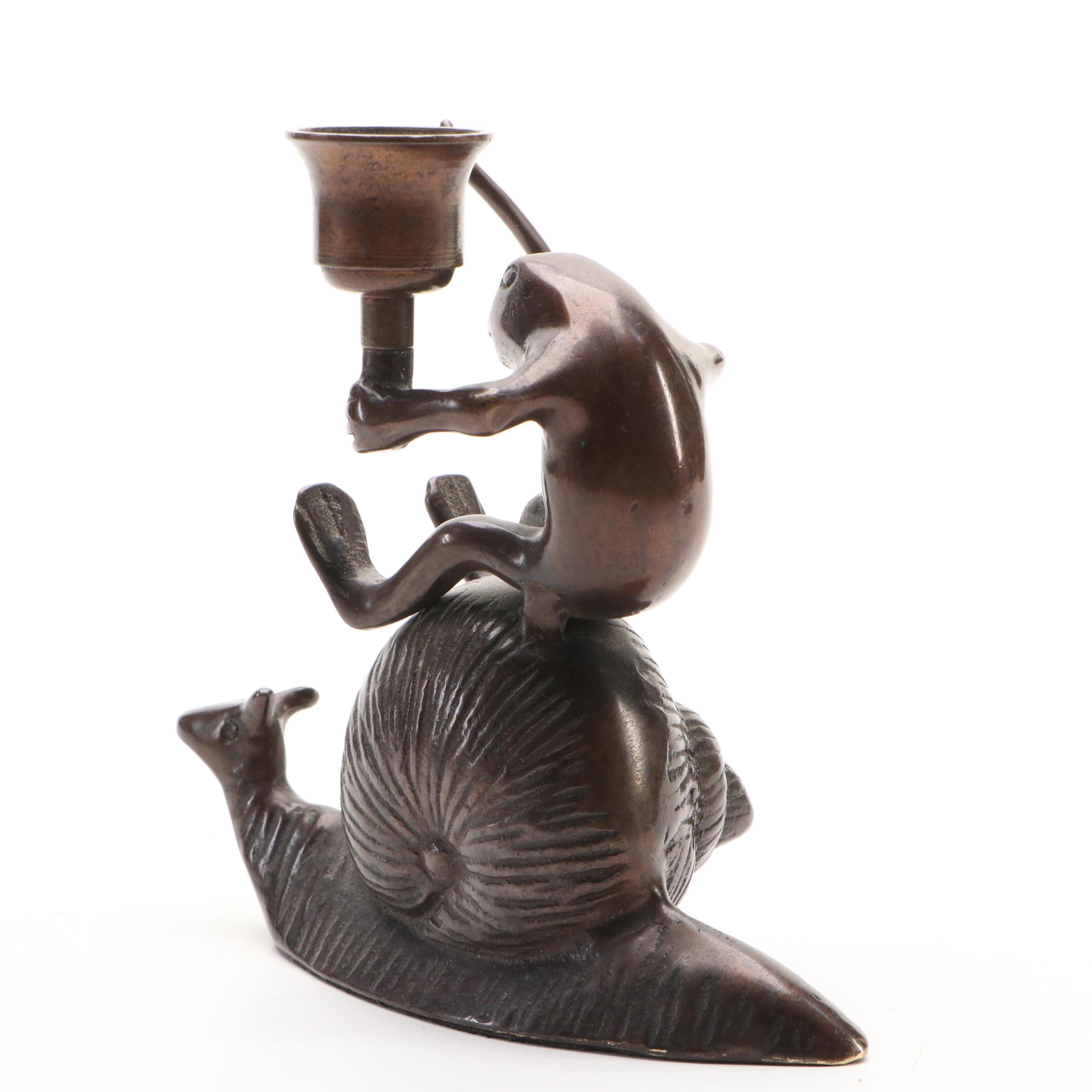 Brushed Bronze Metal Frog Riding Snail Figural Candlestick