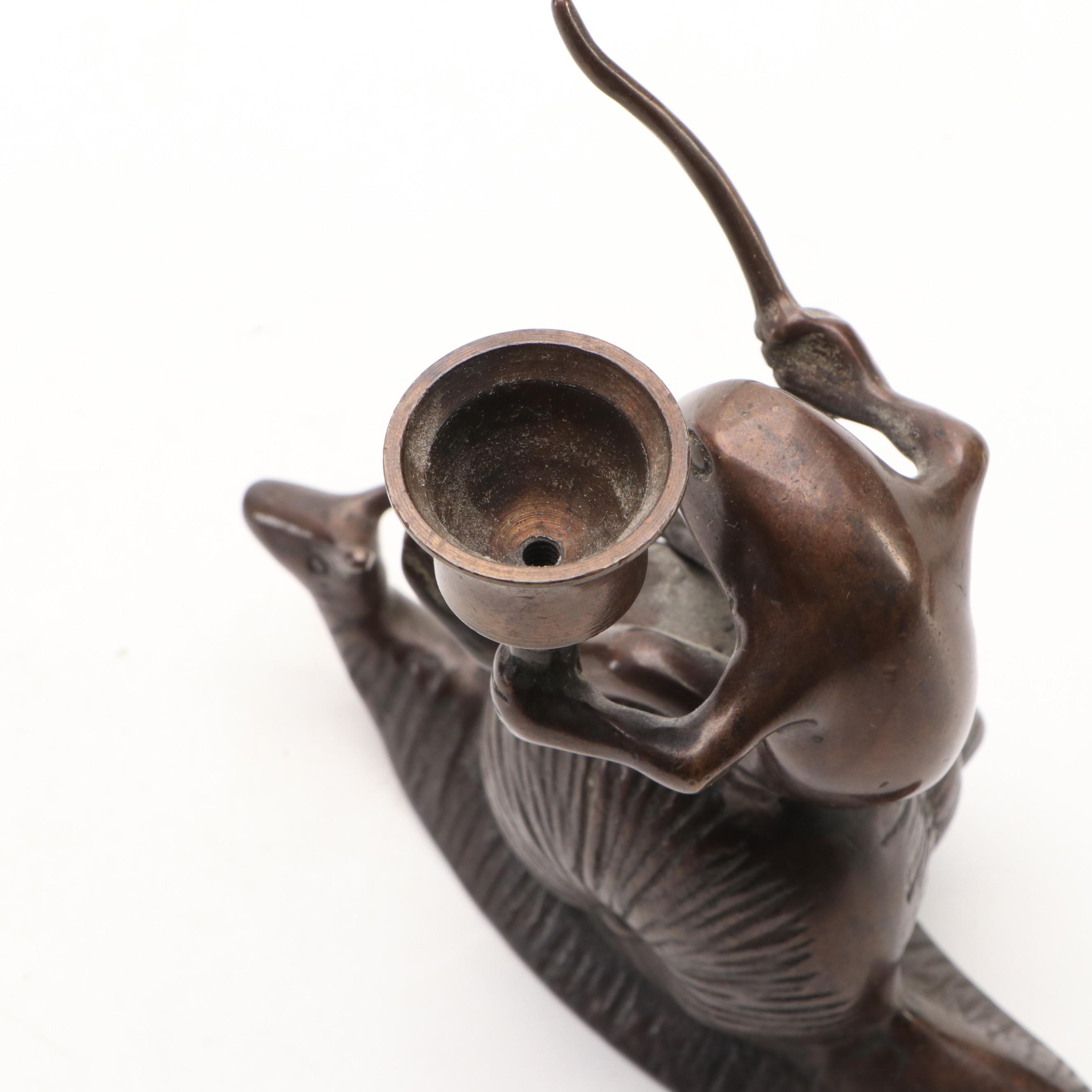 Brushed Bronze Metal Frog Riding Snail Figural Candlestick