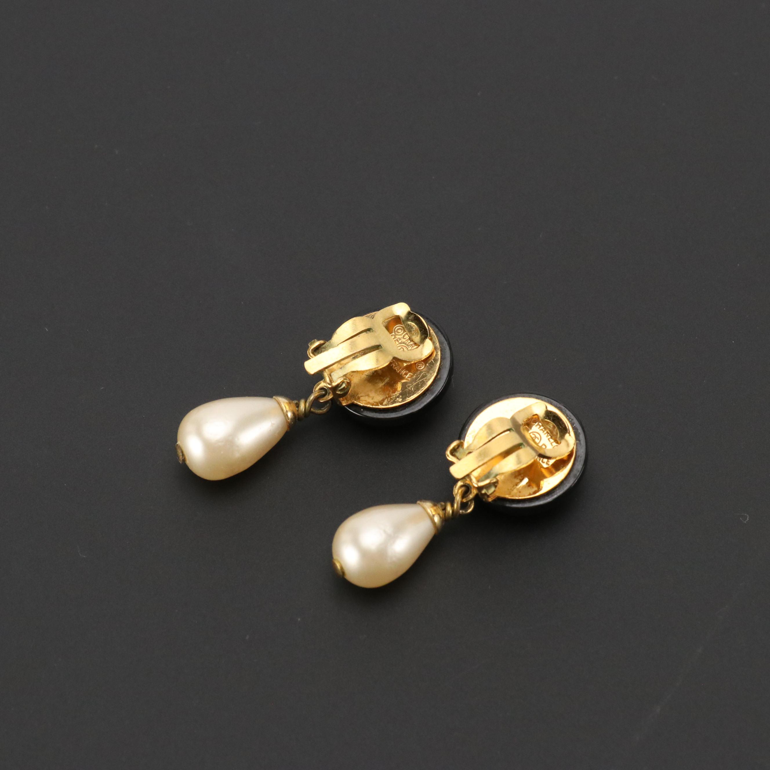 Chanel CC Logo Button Clip On Earrings with Faux Pearl Drops