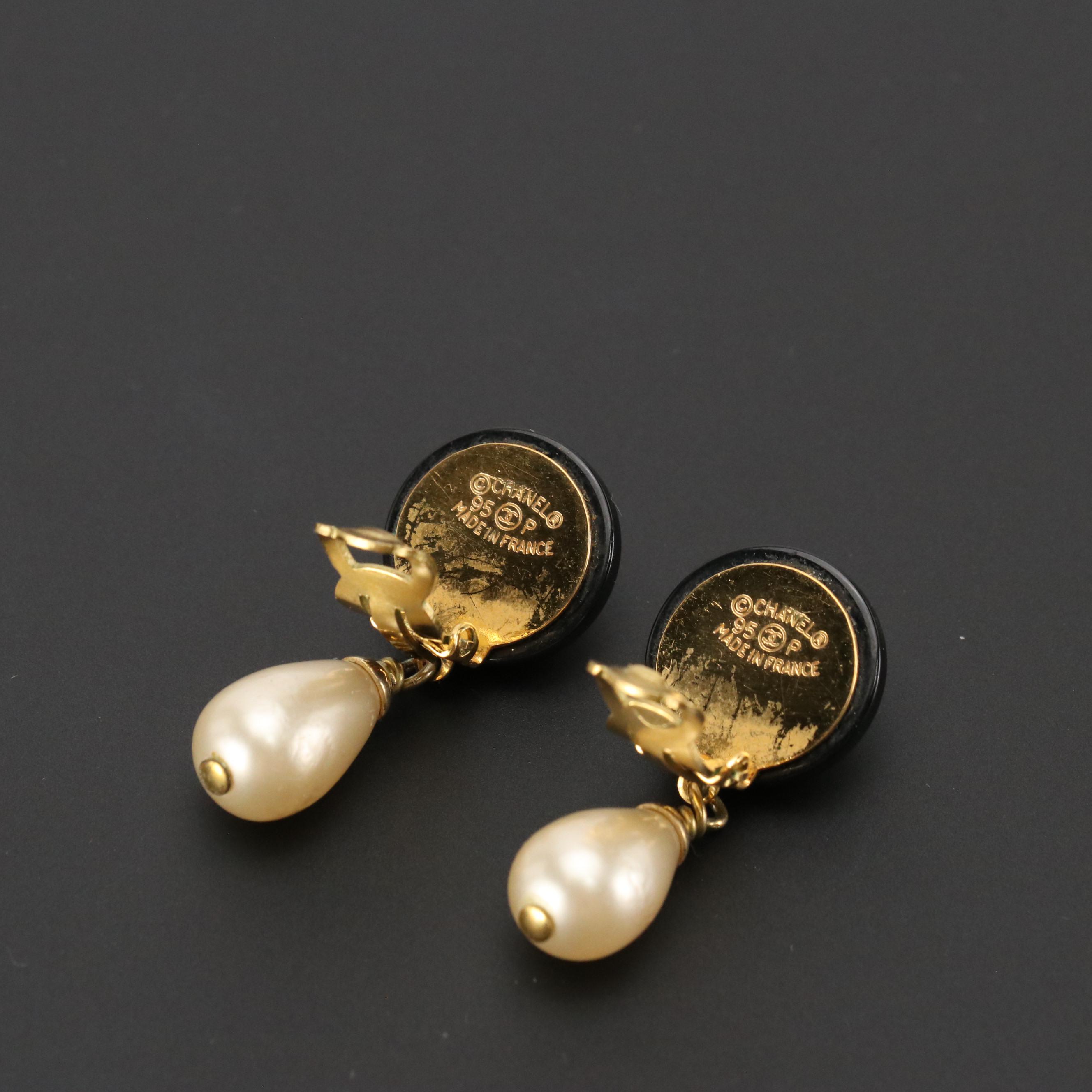 Chanel CC Logo Button Clip On Earrings with Faux Pearl Drops