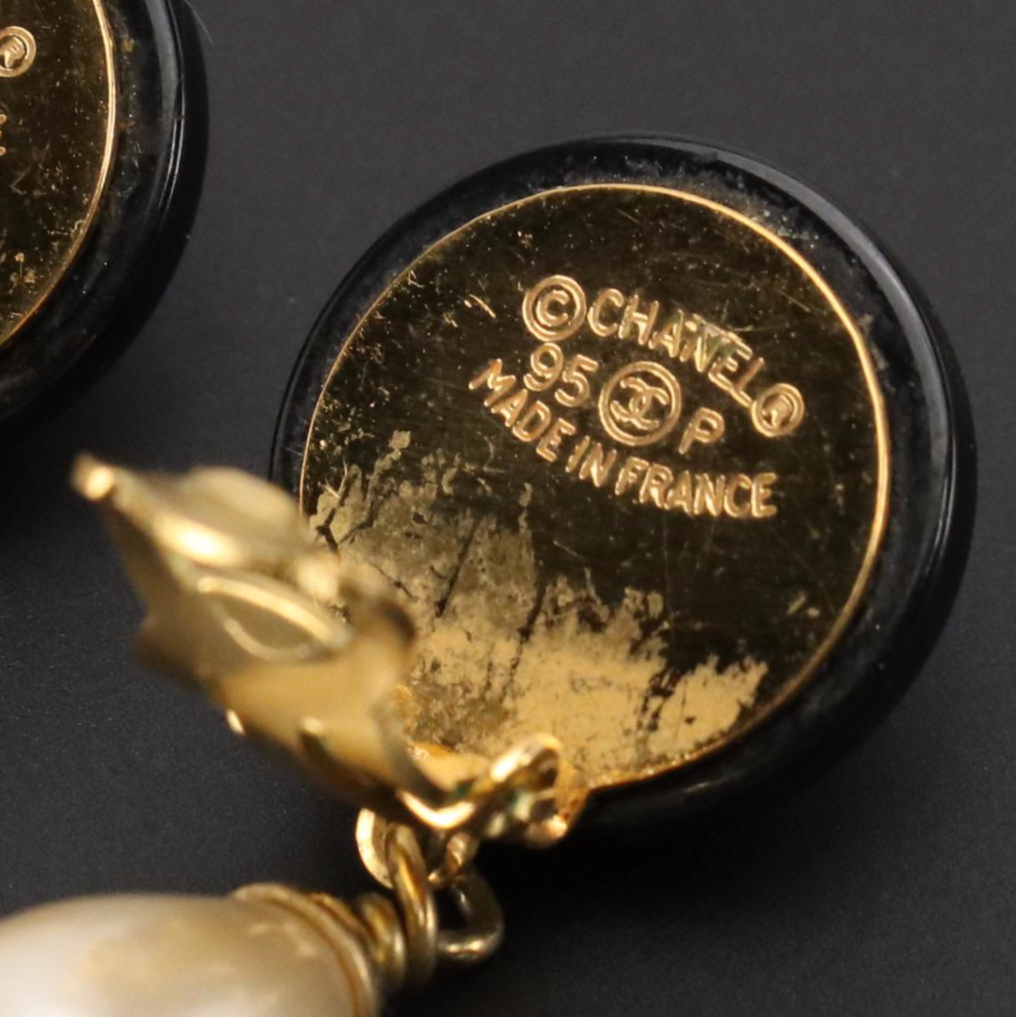 Chanel CC Logo Button Clip On Earrings with Faux Pearl Drops