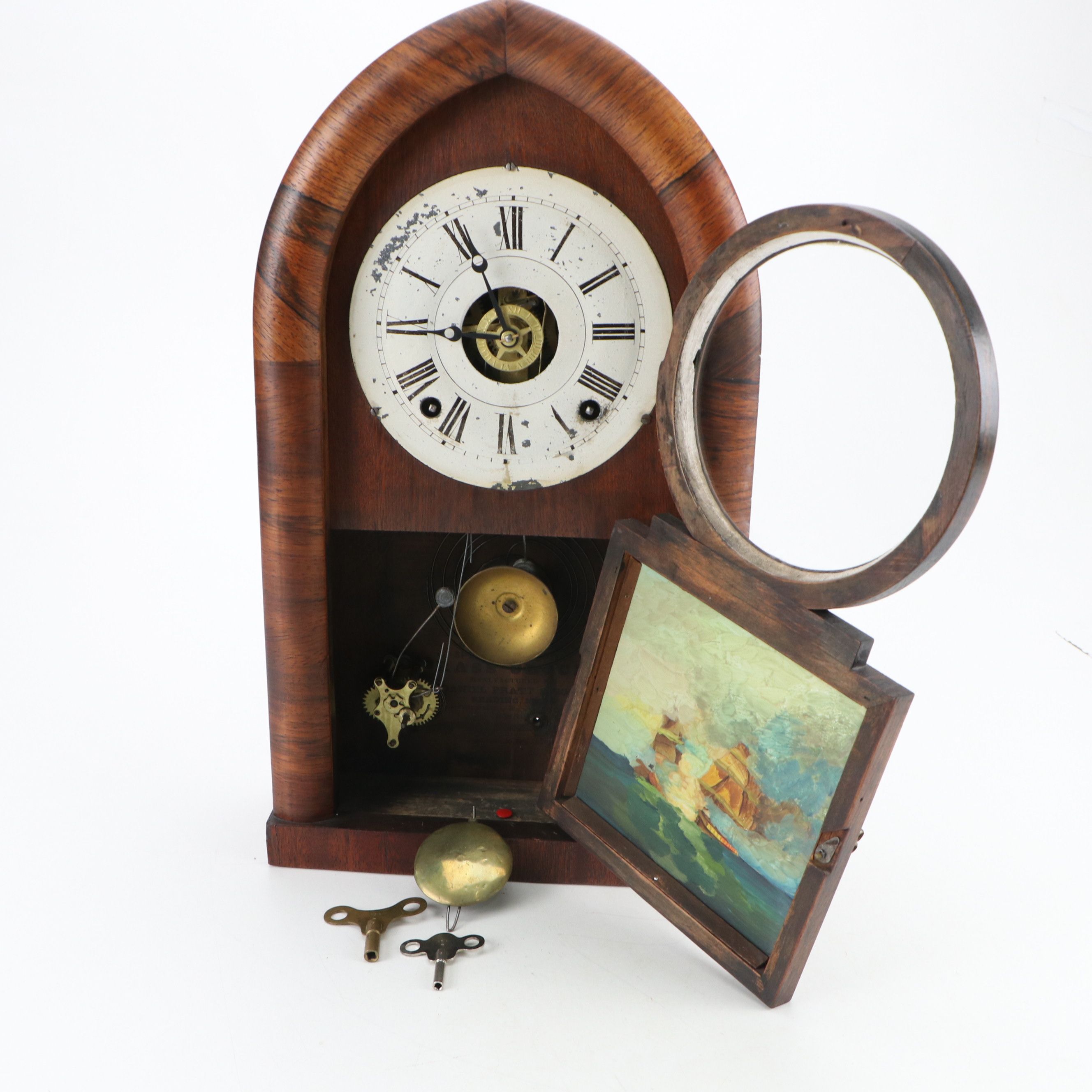Daniel Pratt & Sons Beehive Mantel Clock with Reverse Painted Glass Panel