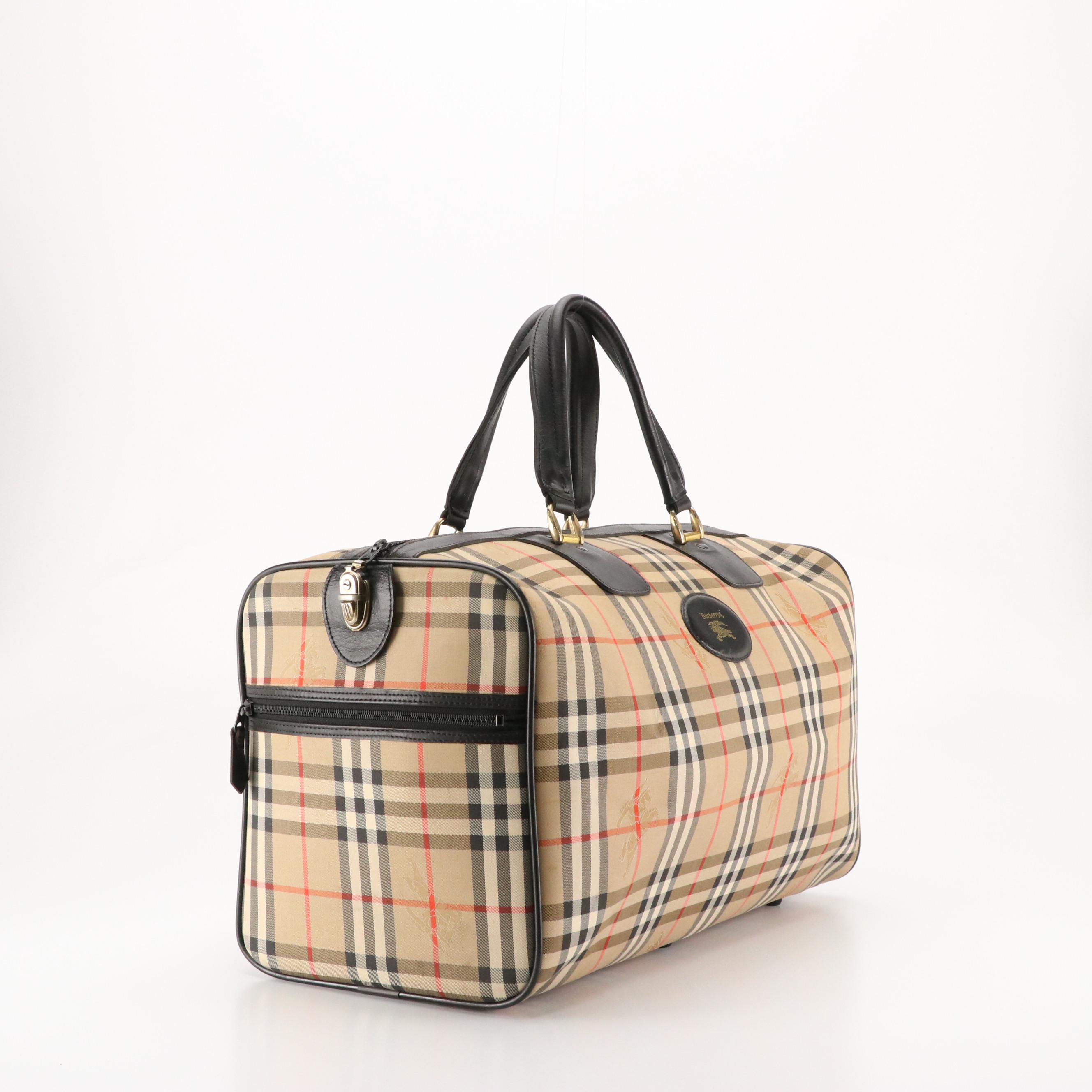 Burberrys Duffle Bag in Haymarket Check Canvas and Black Leather