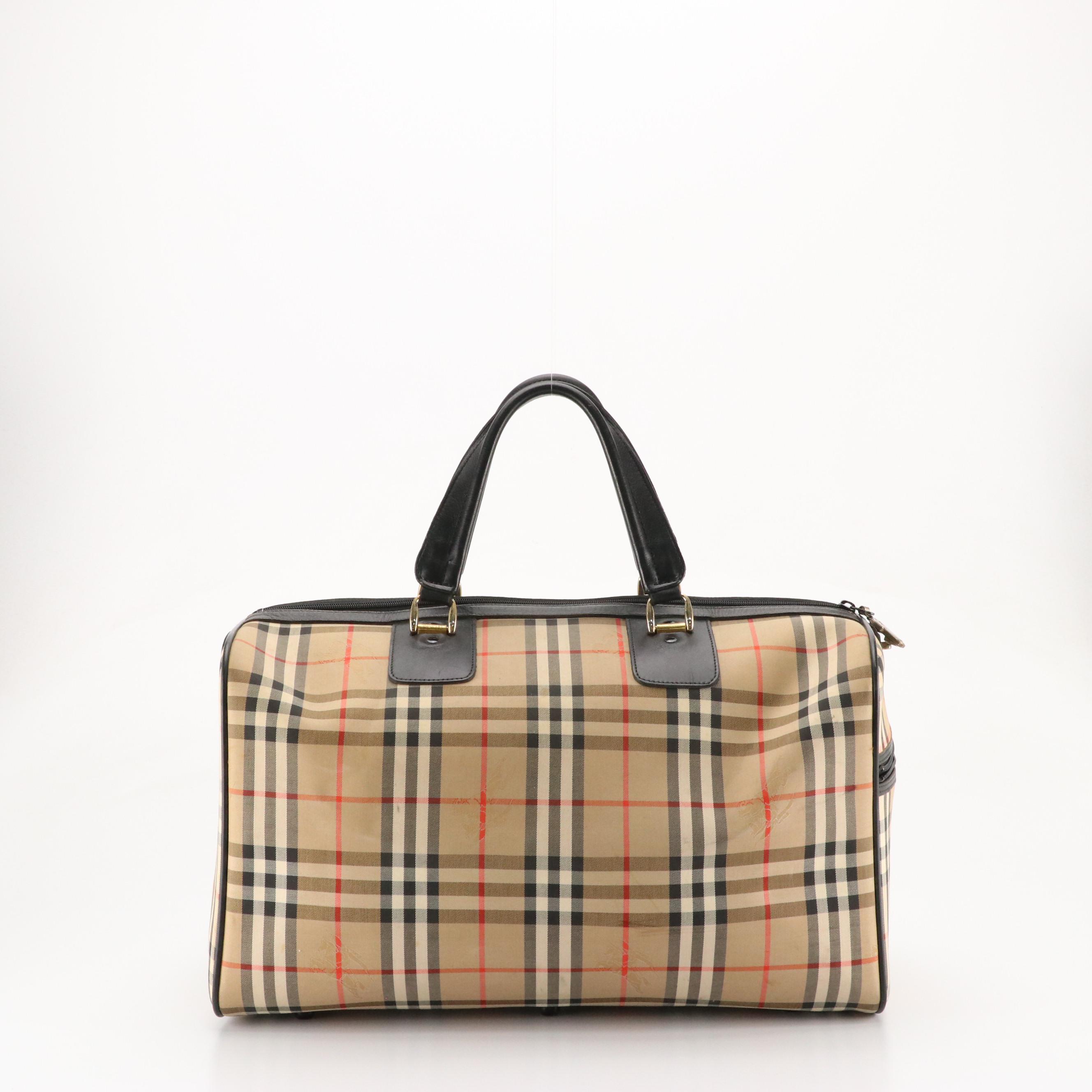 Burberrys Duffle Bag in Haymarket Check Canvas and Black Leather