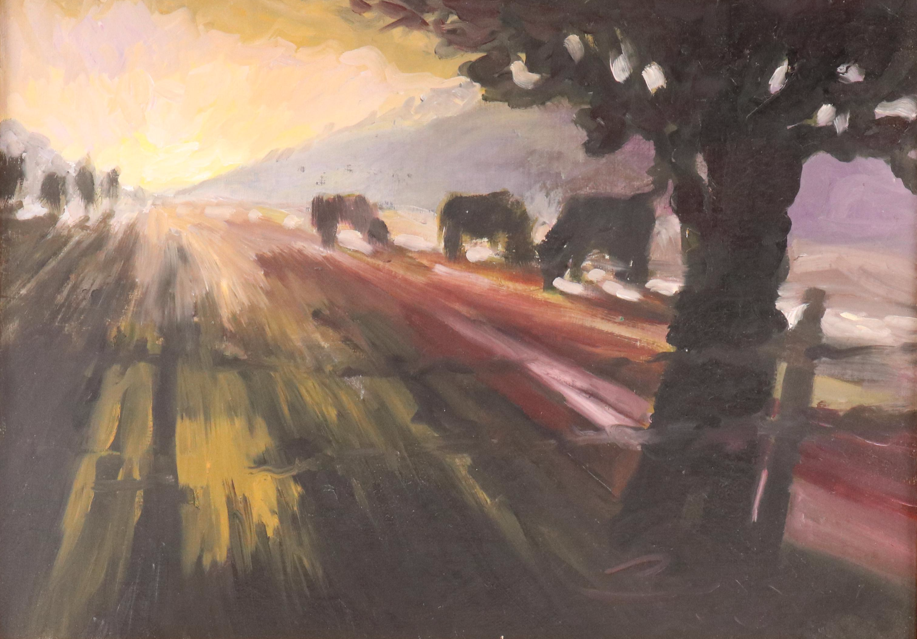 Expressionist Style Landscape at Twilight Oil Painting, Late 20th Century