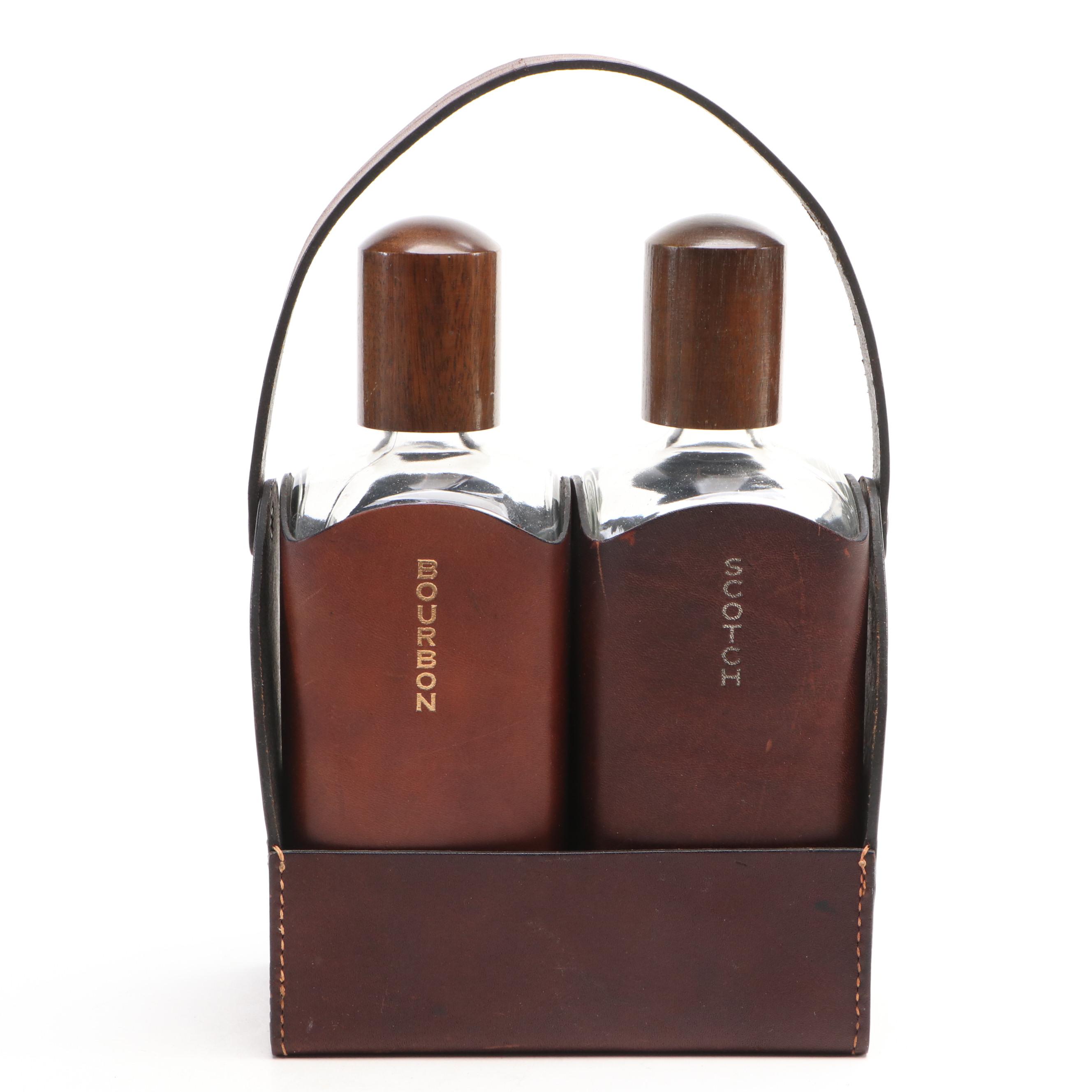 English Leather Wrapped Bourbon and Scotch Glass Bottles in Caddy with Other Jar