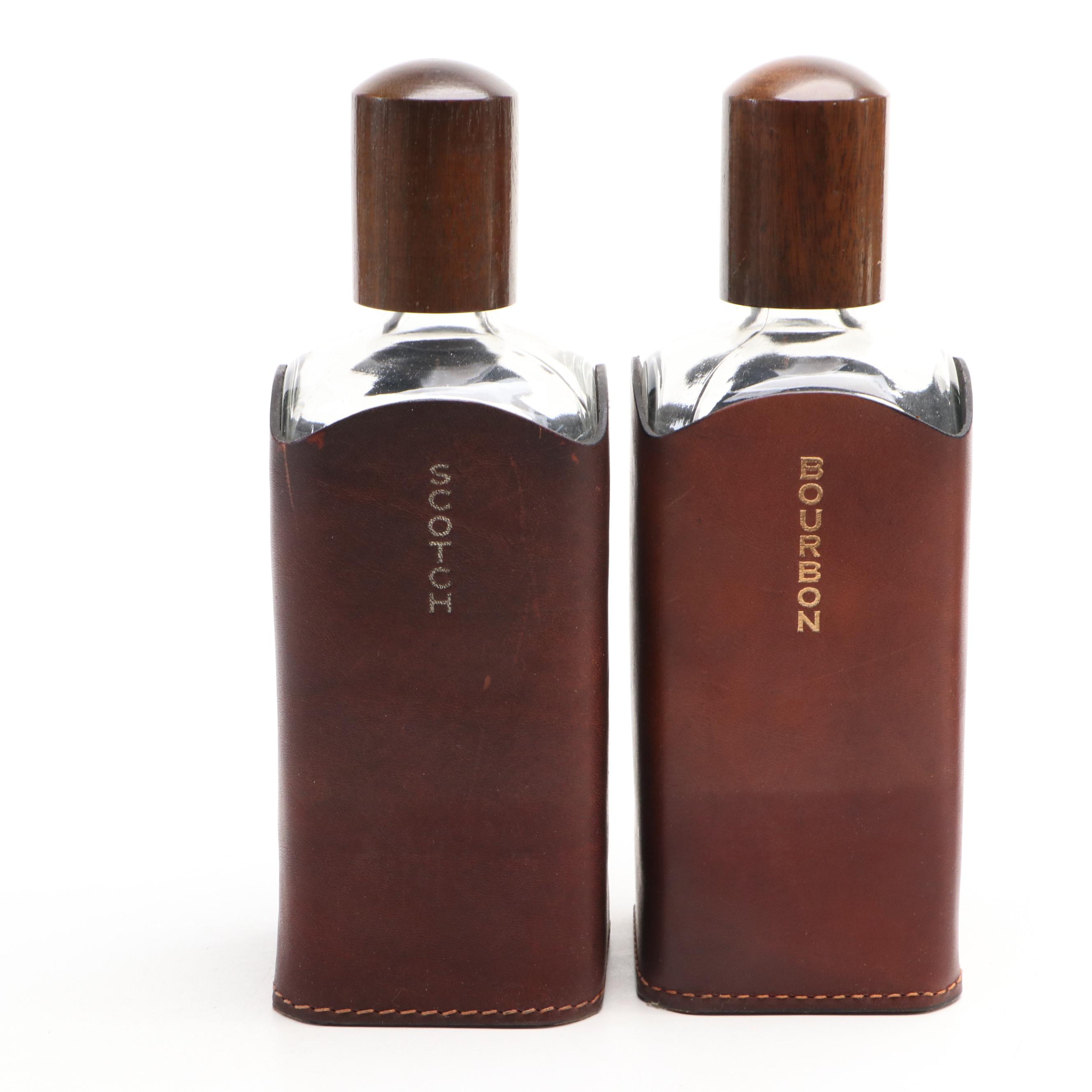 English Leather Wrapped Bourbon and Scotch Glass Bottles in Caddy with Other Jar