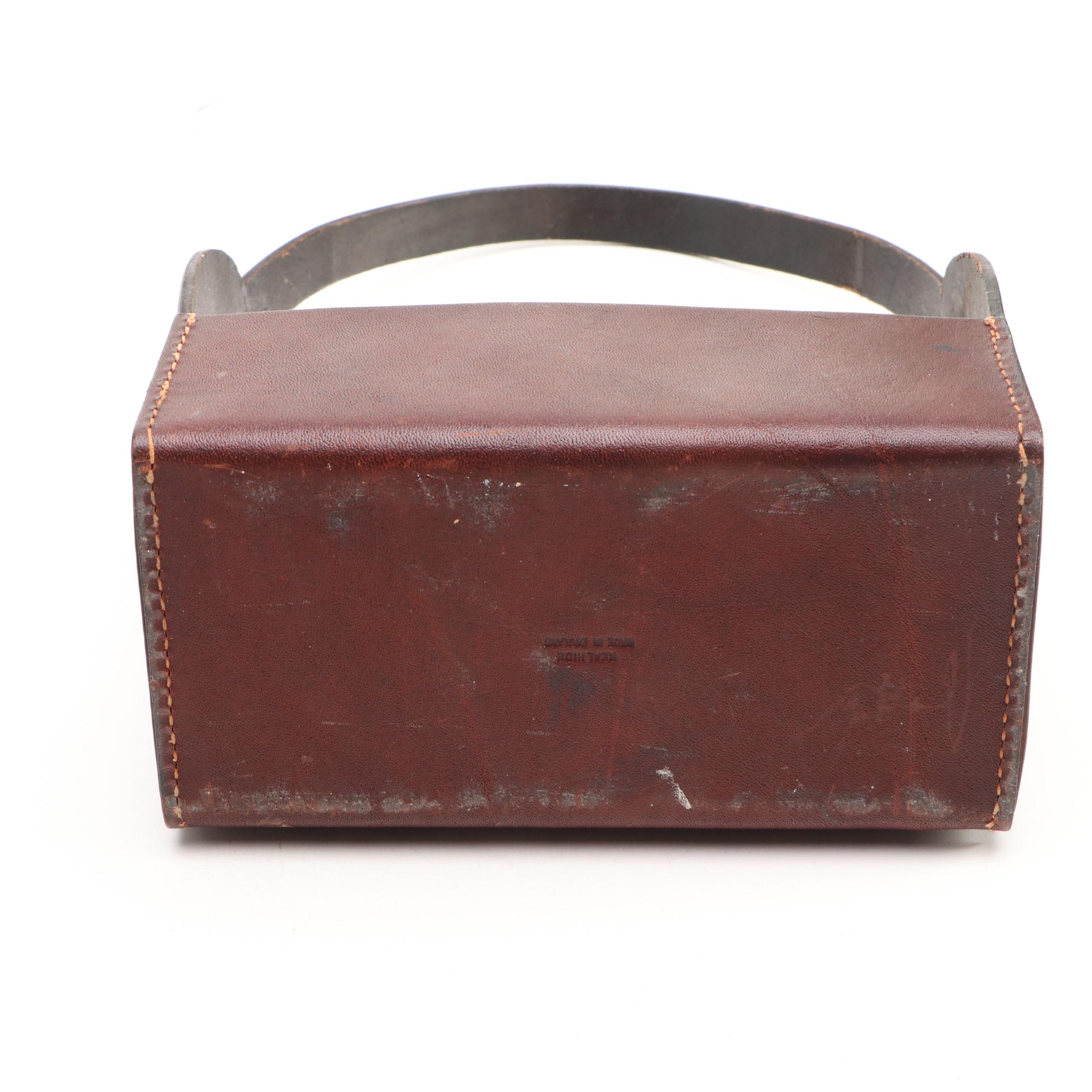 English Leather Wrapped Bourbon and Scotch Glass Bottles in Caddy with Other Jar