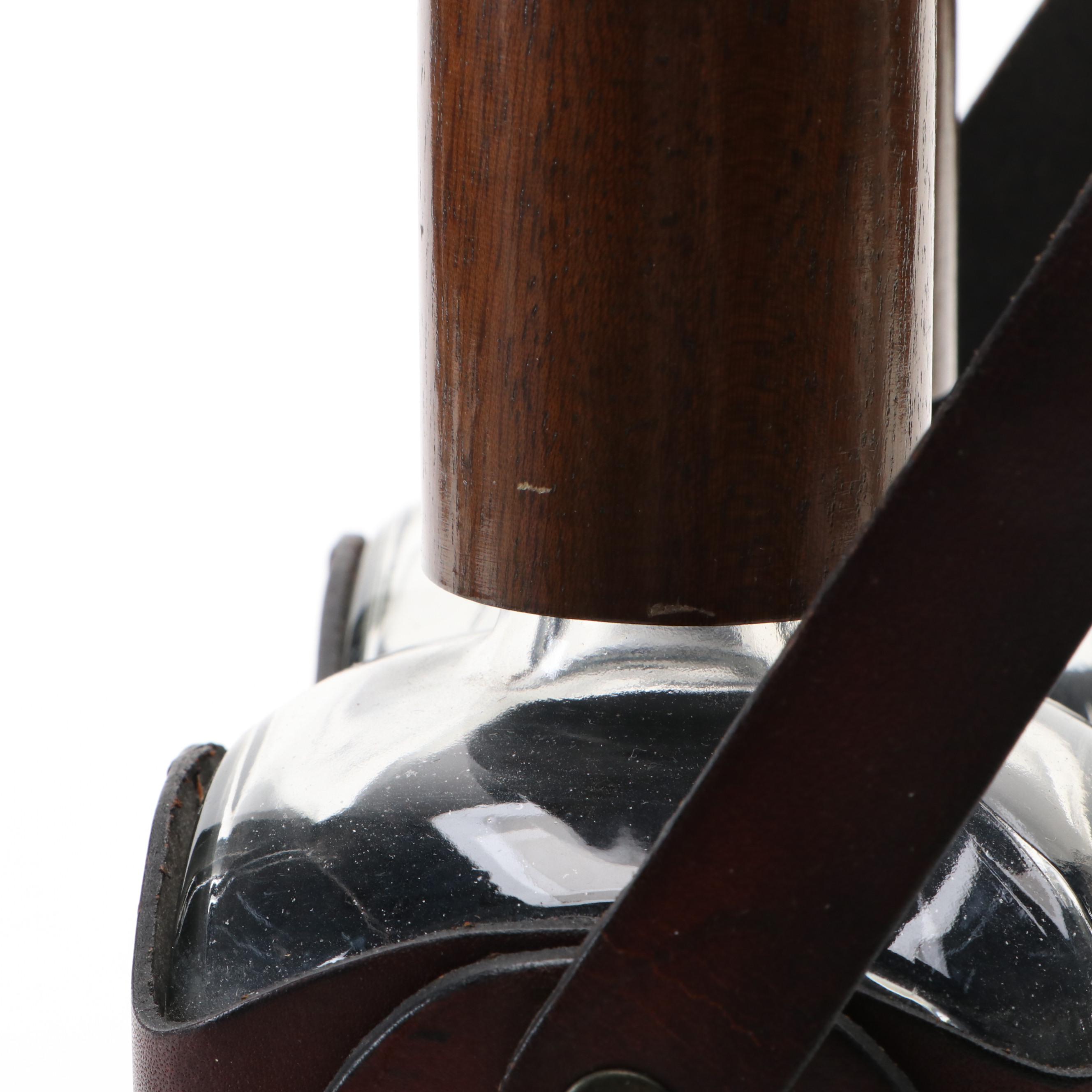 English Leather Wrapped Bourbon and Scotch Glass Bottles in Caddy with Other Jar