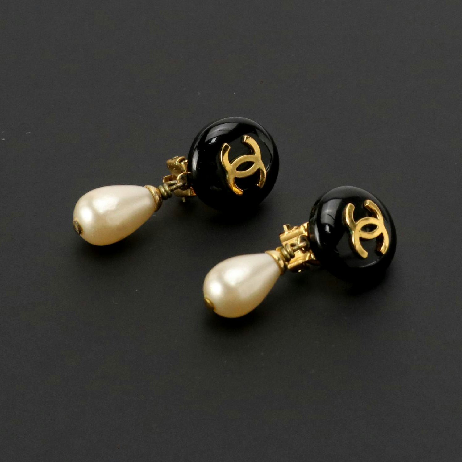 Chanel CC Logo Button Clip On Earrings with Faux Pearl Drops
