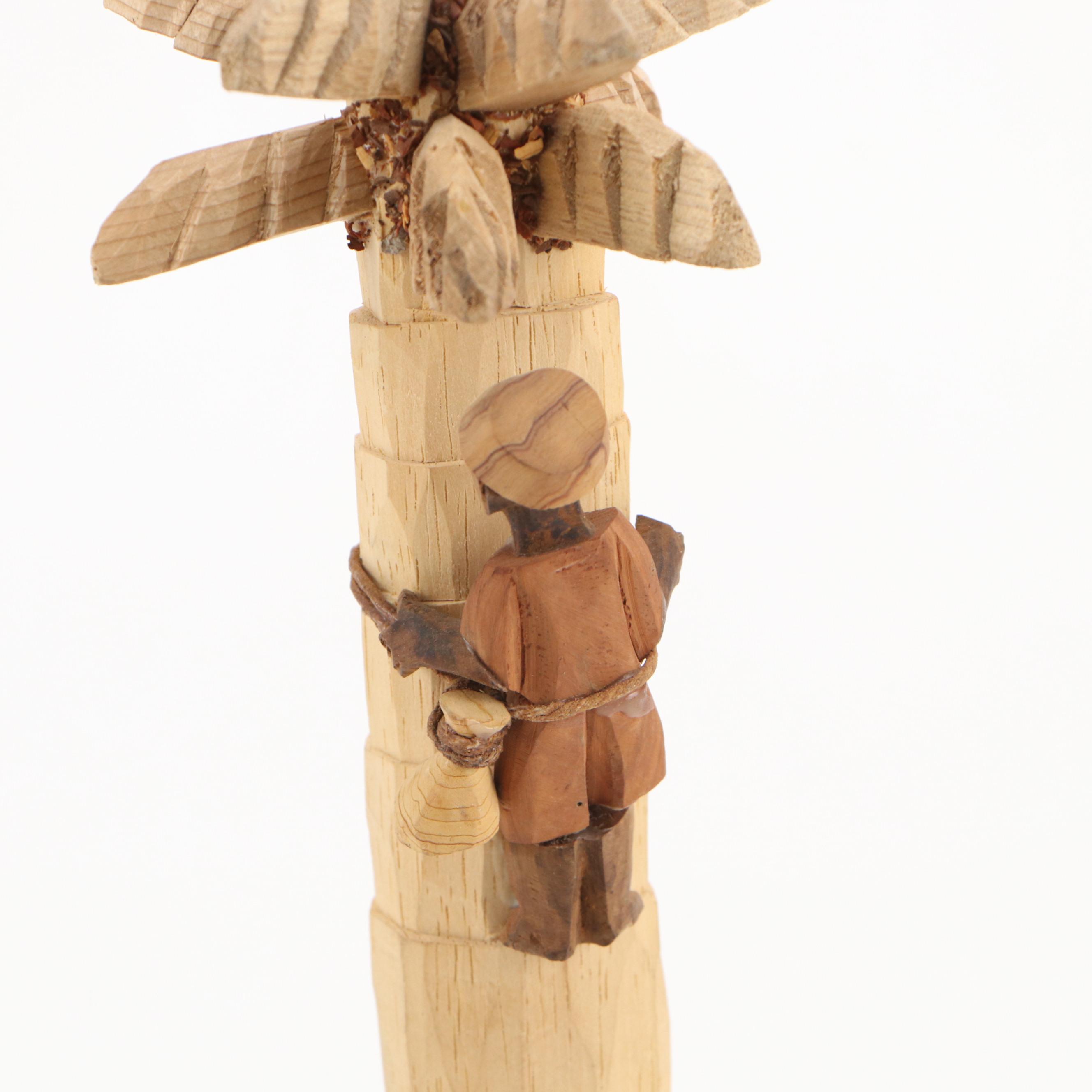 Nigerian Carved Wood Coconut Harvesting Figure