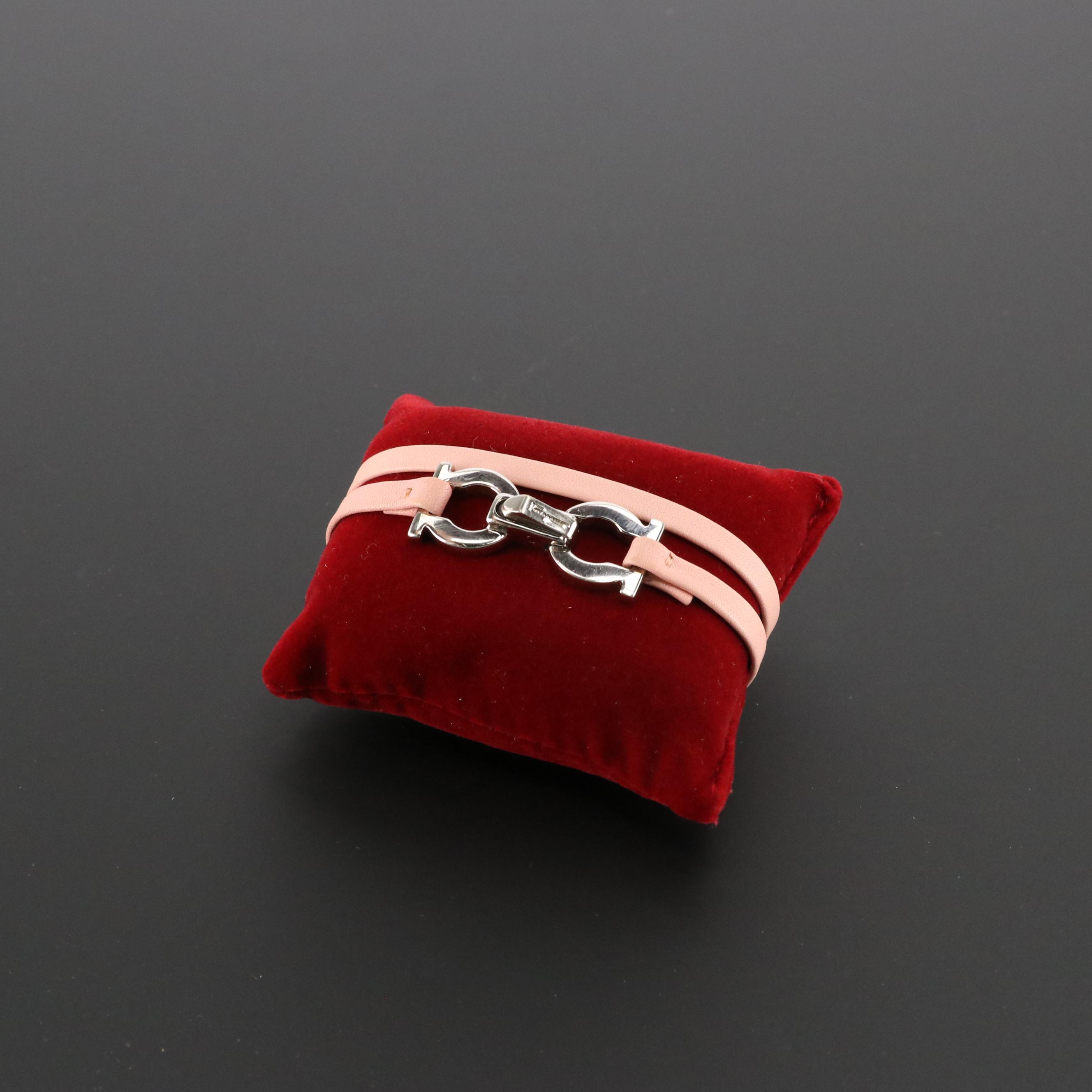 Salvatore Ferragamo Silver Tone Gancini Wrap Bracelet in Pink Leather