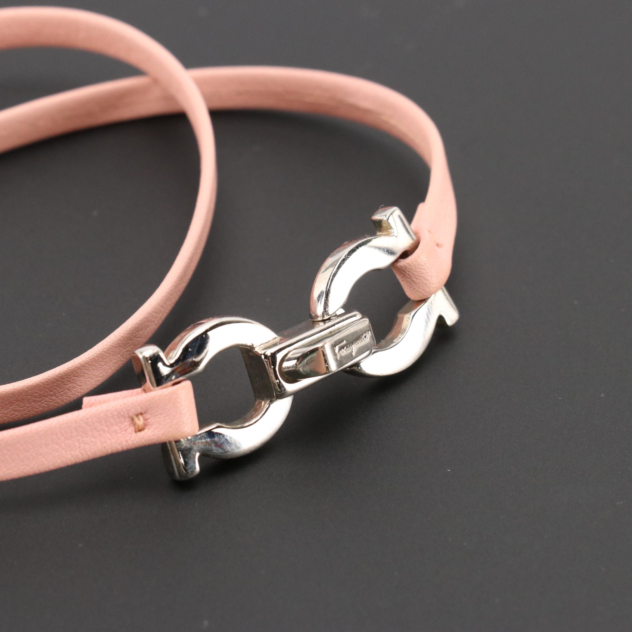 Salvatore Ferragamo Silver Tone Gancini Wrap Bracelet in Pink Leather