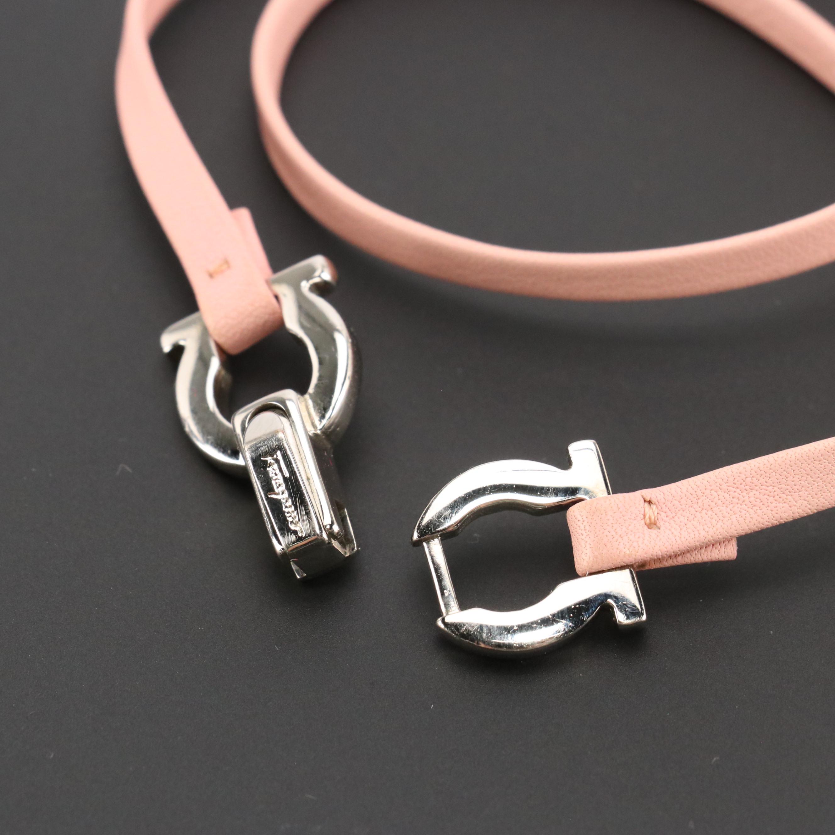 Salvatore Ferragamo Silver Tone Gancini Wrap Bracelet in Pink Leather