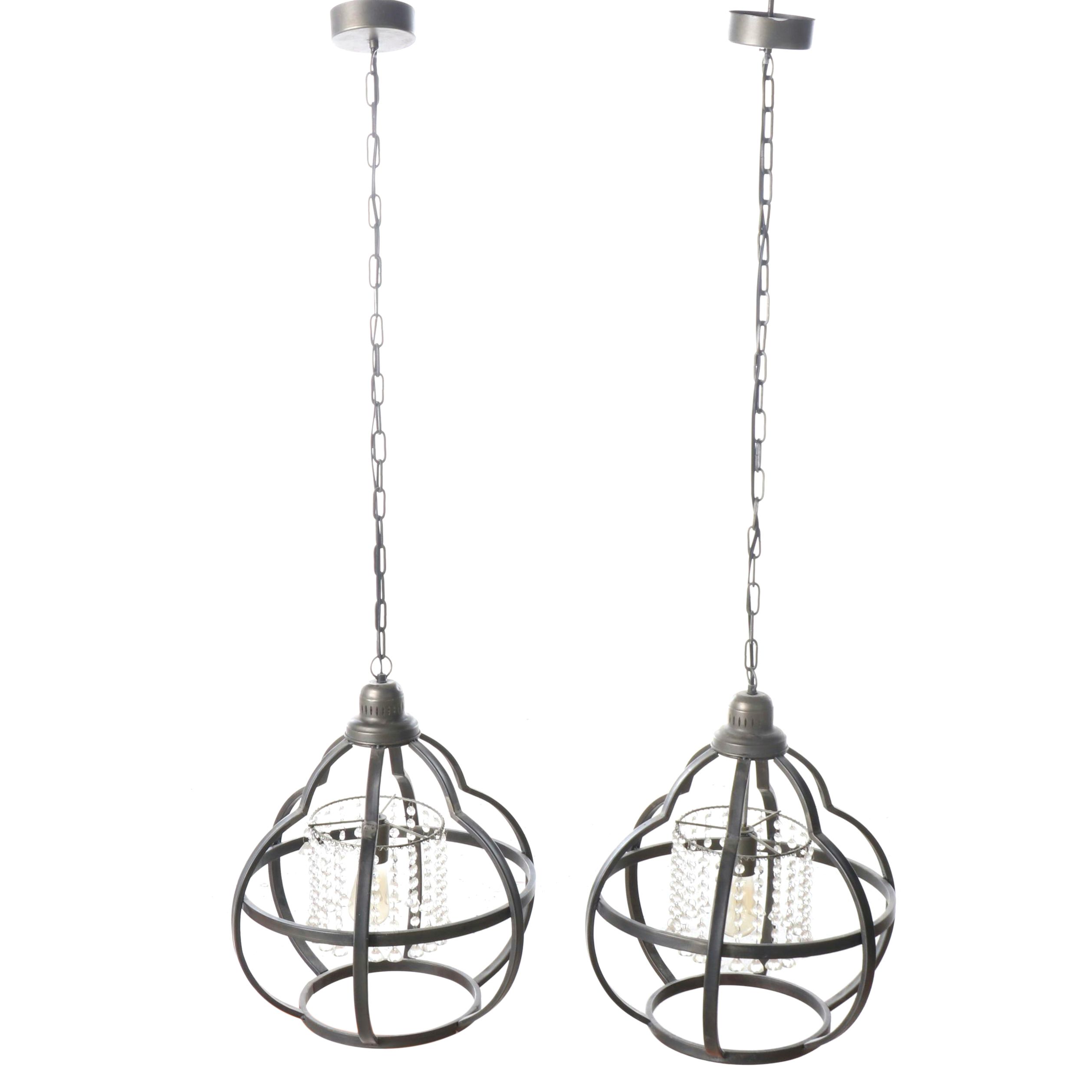 Pair of Metal Caged Pendant Lights with Bead Garlands