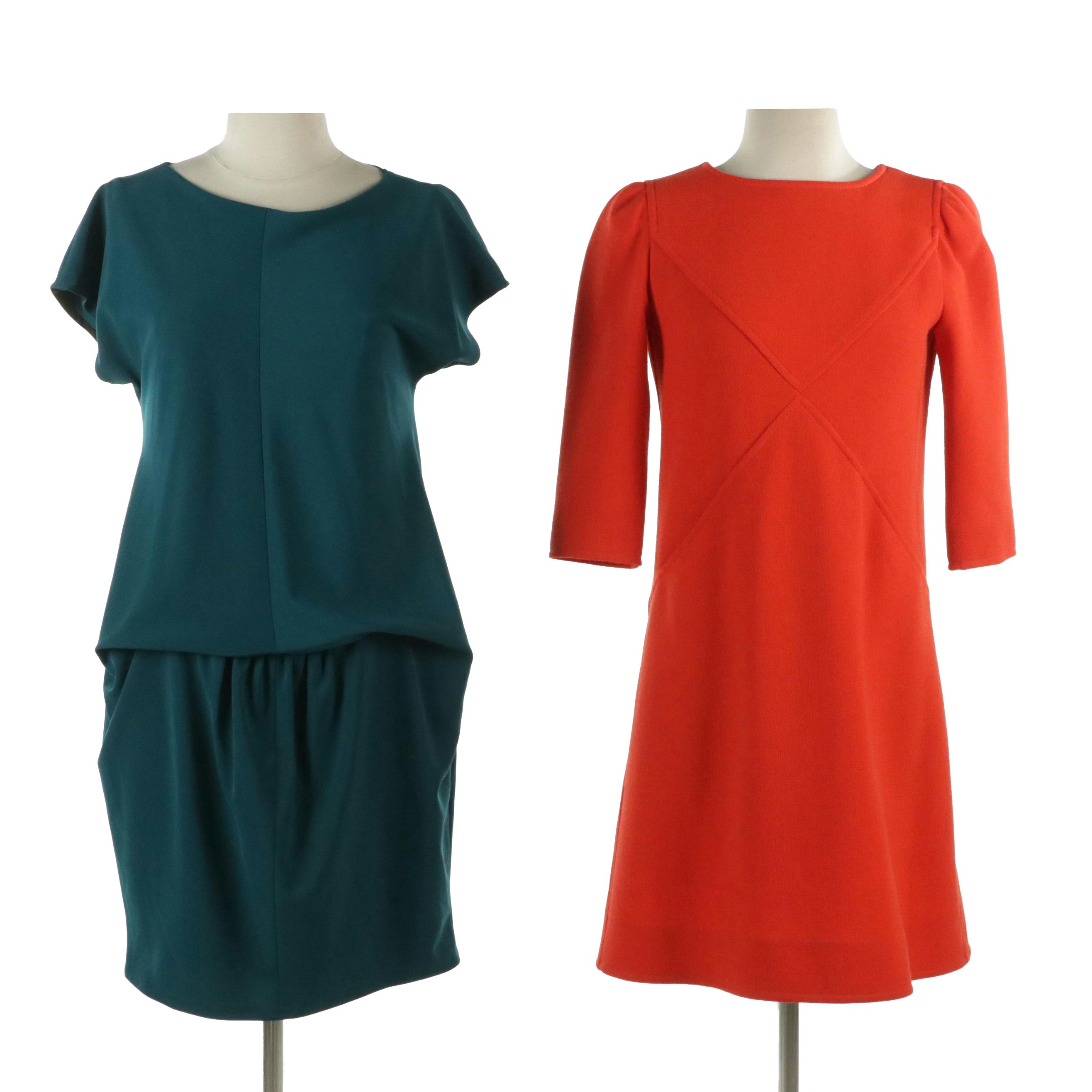 Courrēges Wool Diamond Stitched Shift Dress and Carven Draped Cocktail Dress