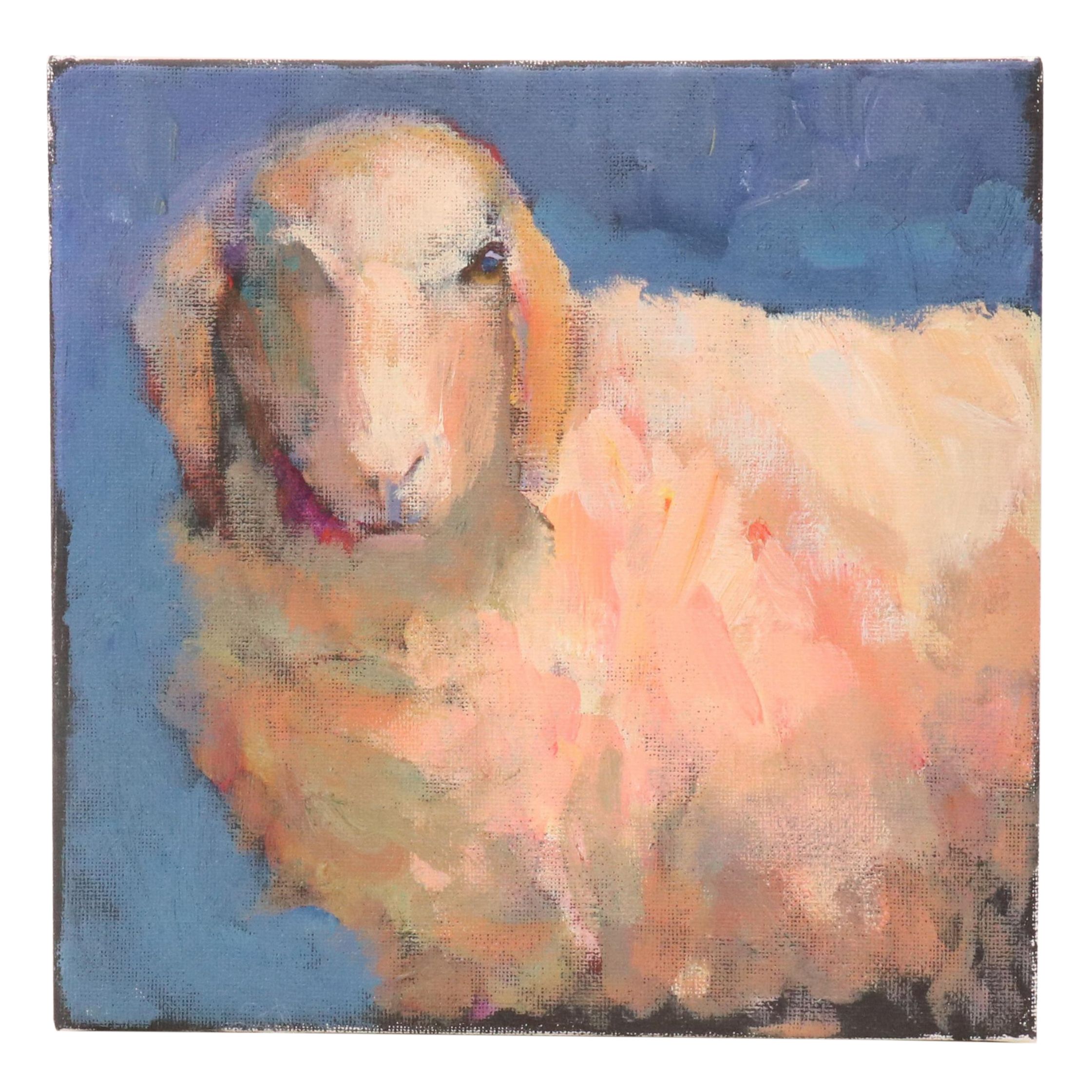 Elle Raines Stylized Acrylic Painting "Sheep," 21st Century