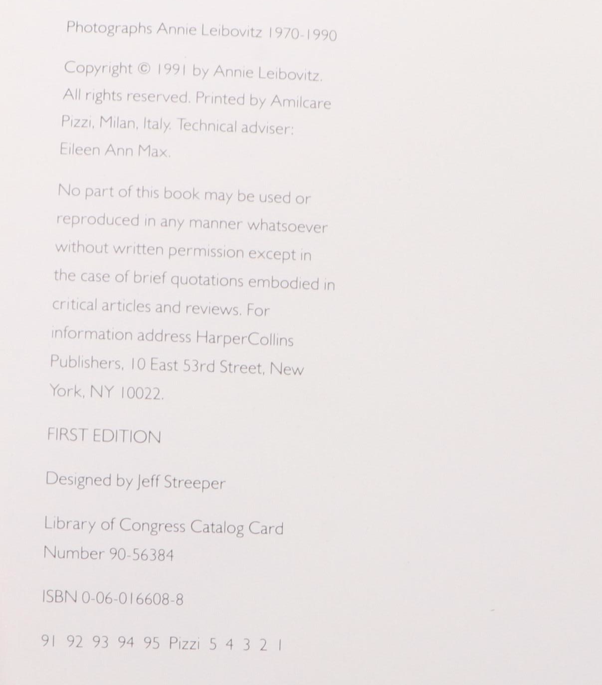 First Printing "Photographs, 1970–1990" by Annie Leibovitz, 1991