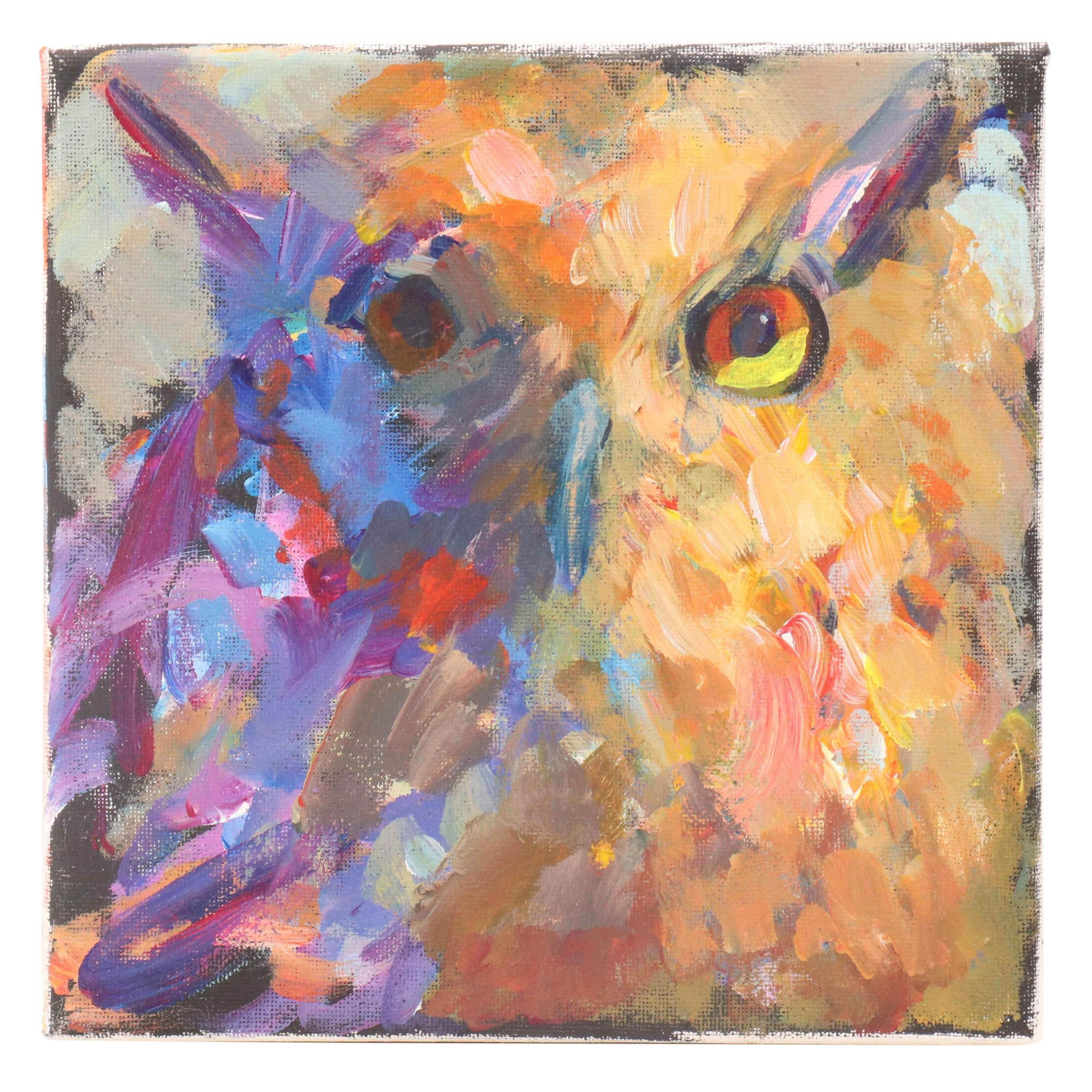 Elle Raines Stylized Acrylic Painting "Owl," 21st Century