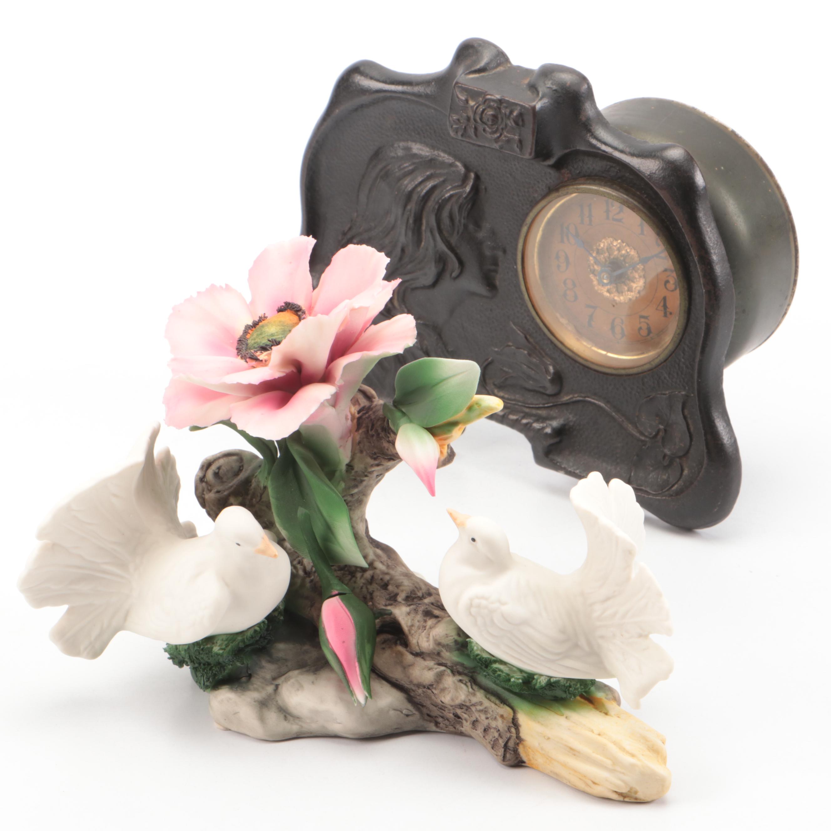 Capodimonte Porcelain Birds with Anemone and Art Nouveau Bronze Desk Clock